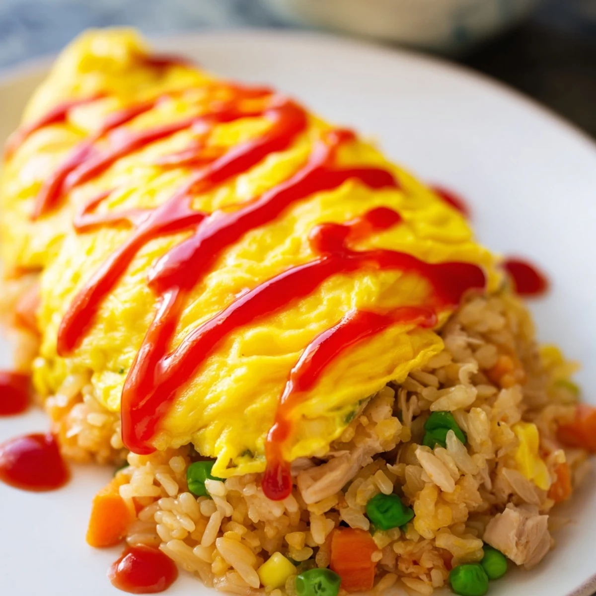 Japanese omurice featuring soft scrambled eggs covering seasoned ketchup rice on white plate