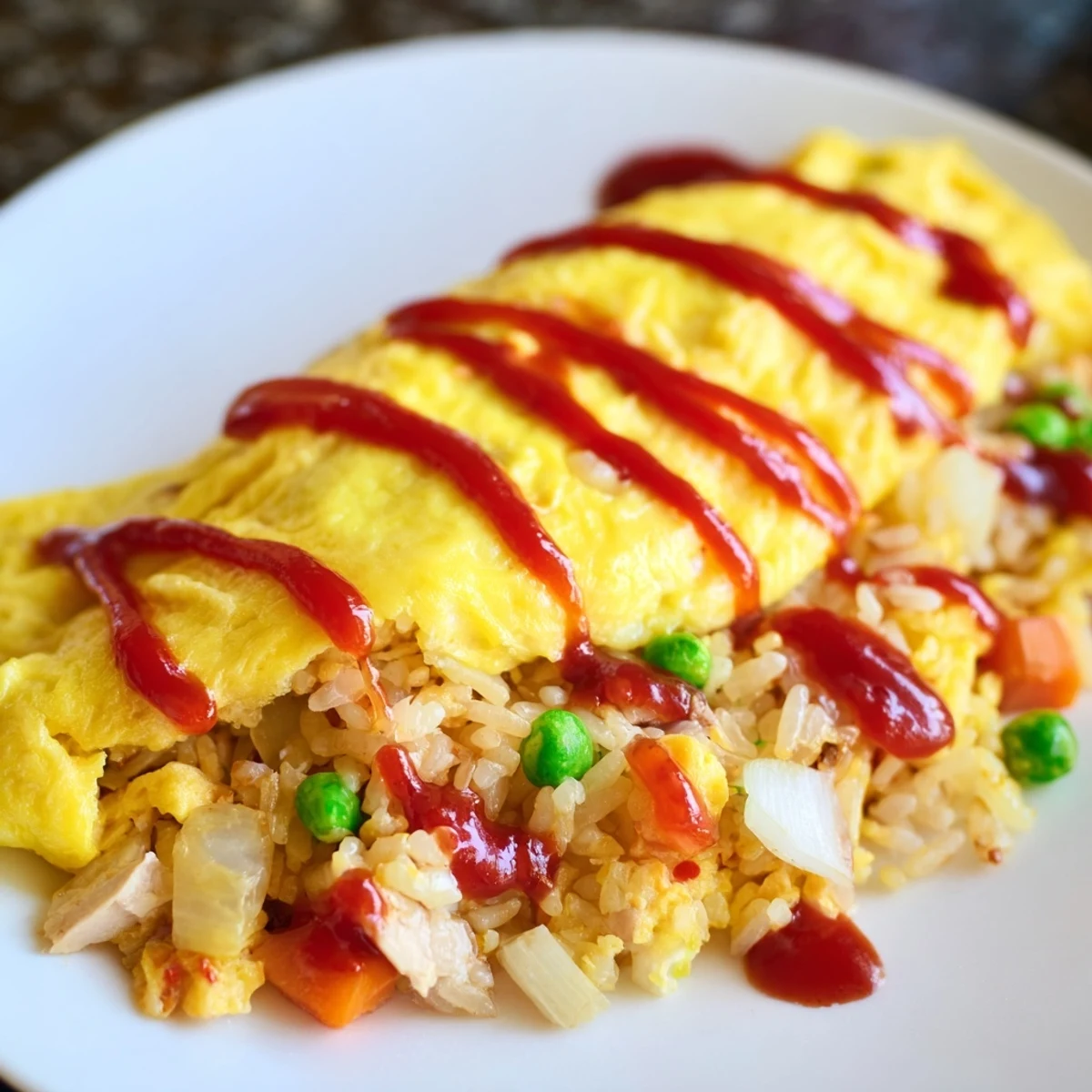Comforting omurice with silky egg blanket hiding colorful vegetable and chicken fried rice