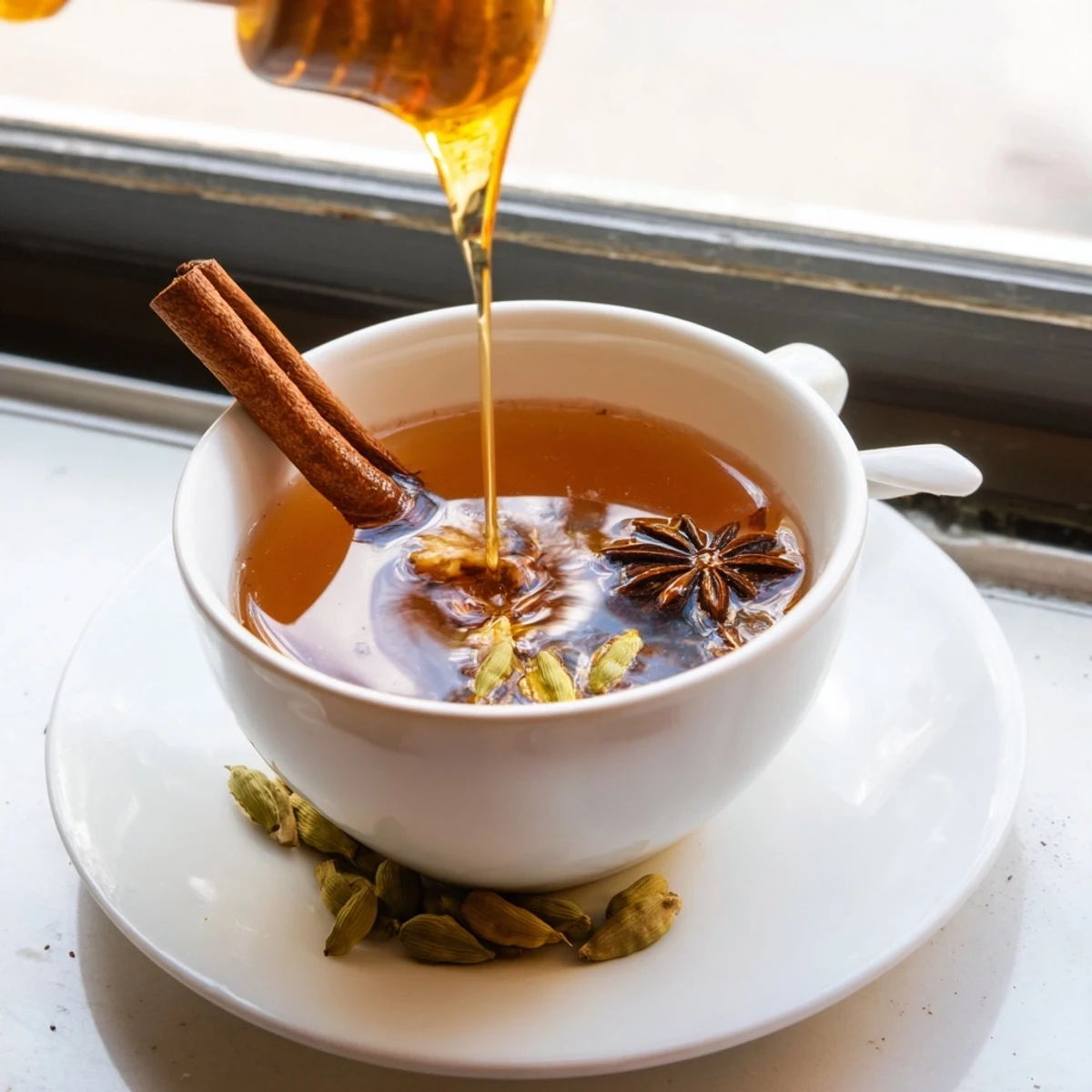 Steaming cup of Lebanese spiced tea with cinnamon sticks and cardamom pods visible on wooden table