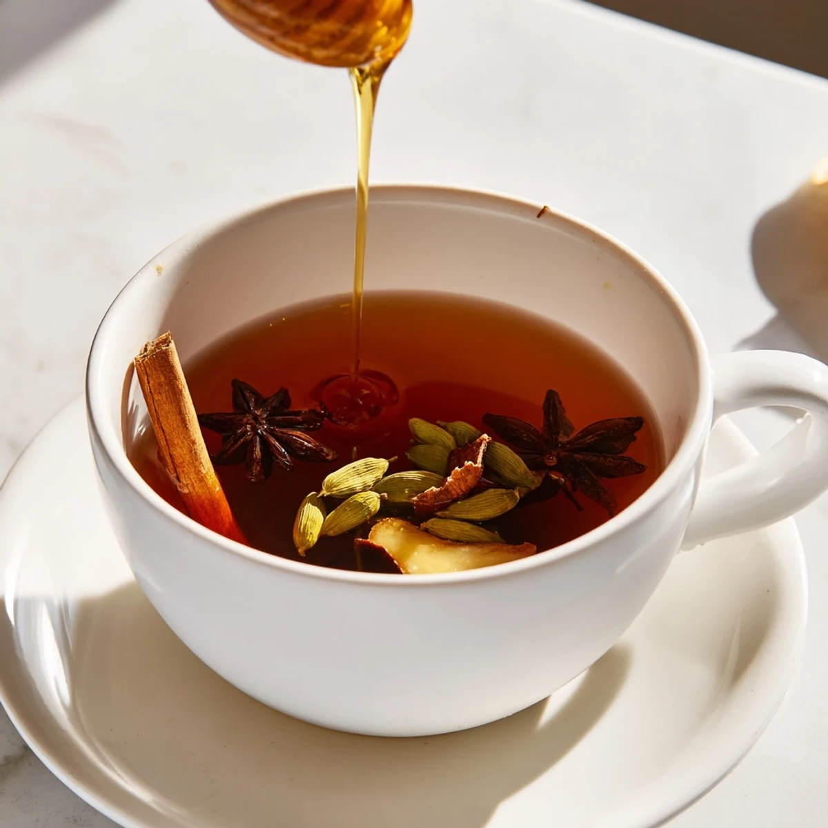 Golden brown Lebanese spiced tea poured into elegant teacup garnished with fresh lemon slice