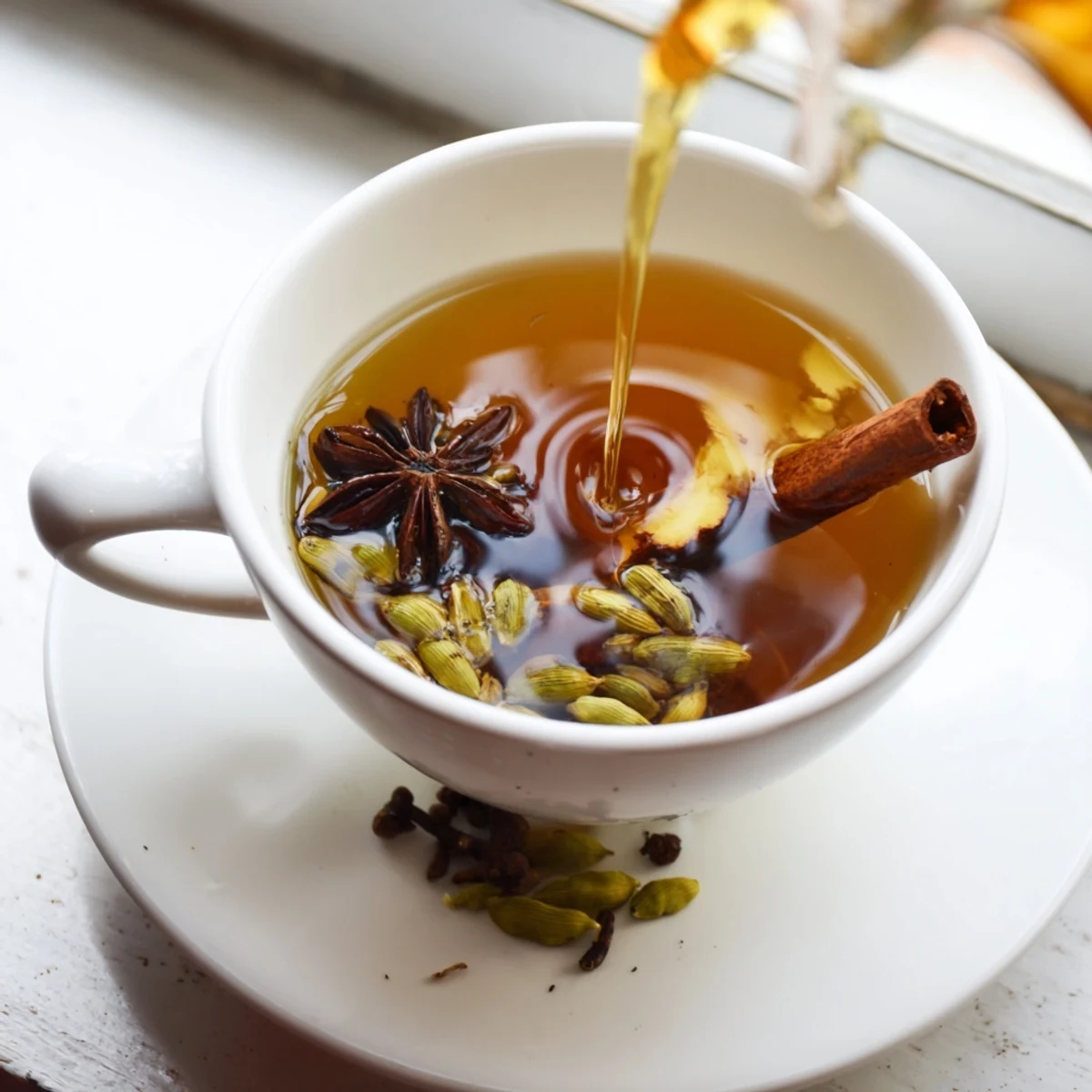 Rich amber Lebanese spiced tea simmering in saucepan with floating whole spices and ginger slices