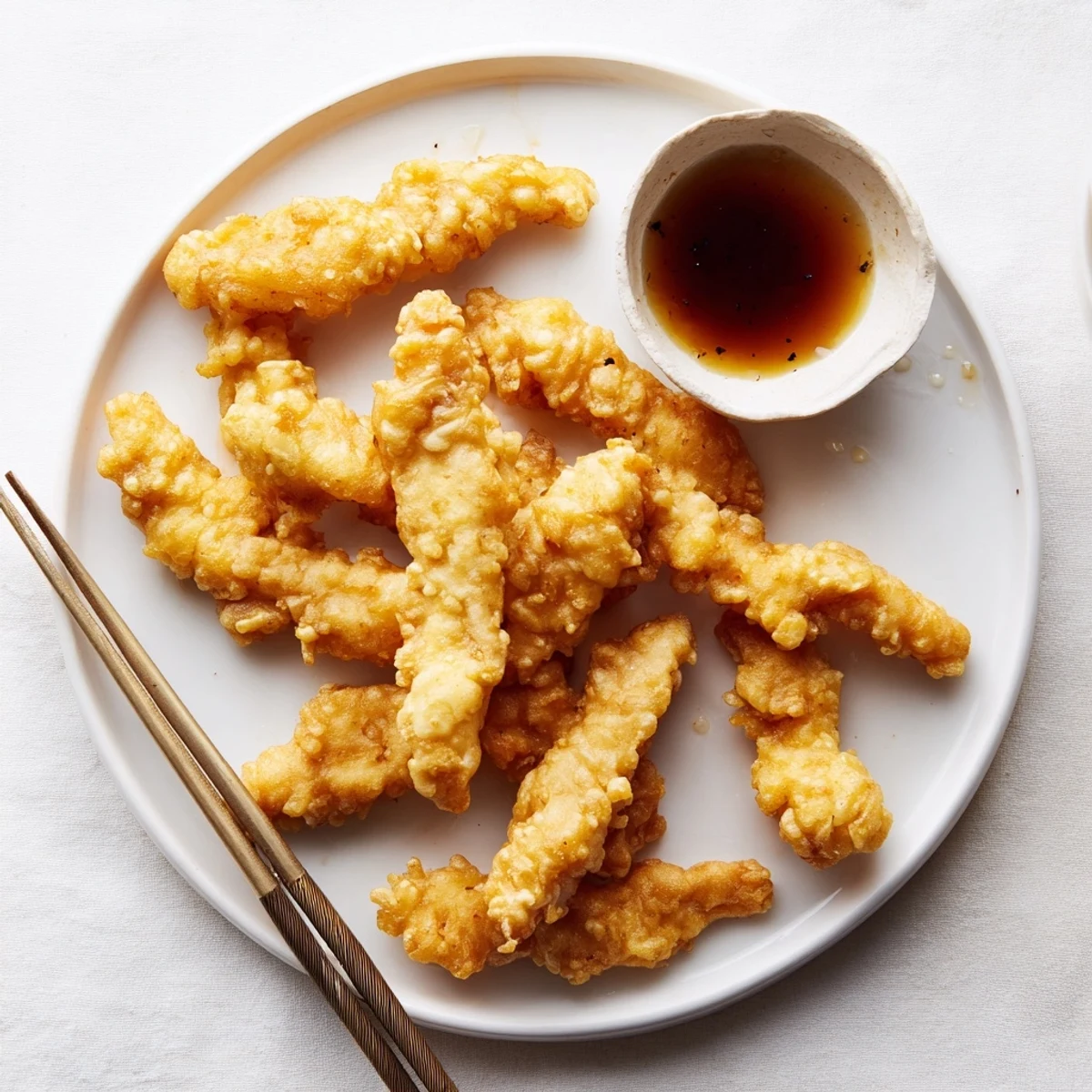 Golden crispy chicken tempura pieces arranged on a serving plate with tangy dipping sauce