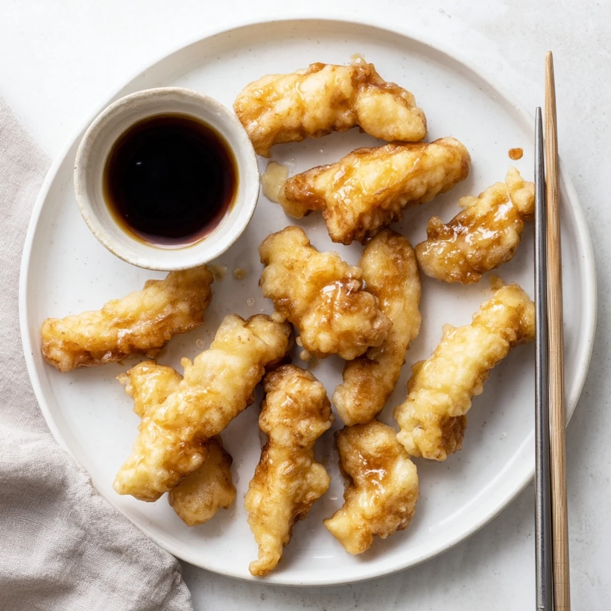 Japanese-style chicken tempura featuring light airy batter fried to perfect golden crunch