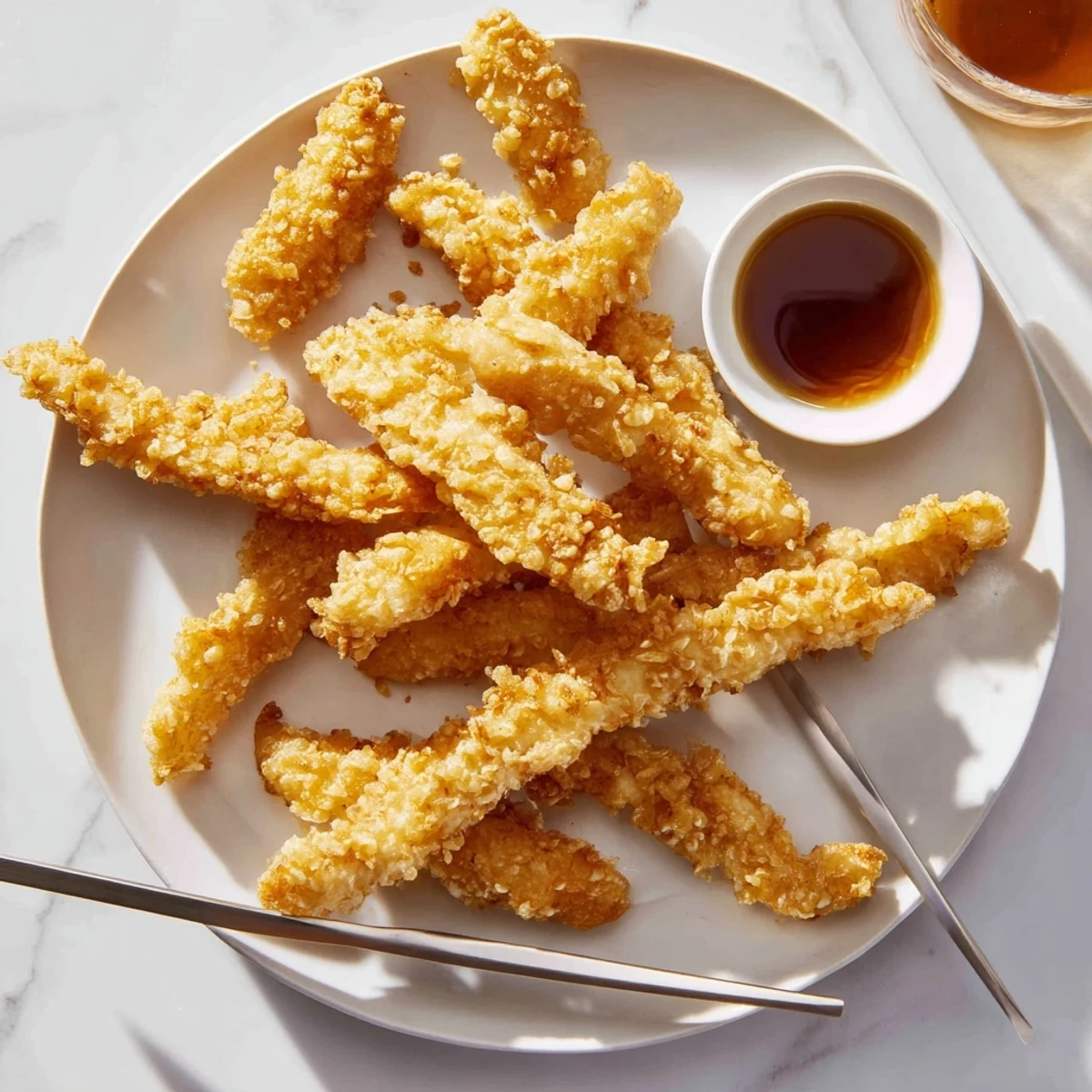 Plate of freshly fried chicken tempura strips served alongside savory ginger soy dipping sauce