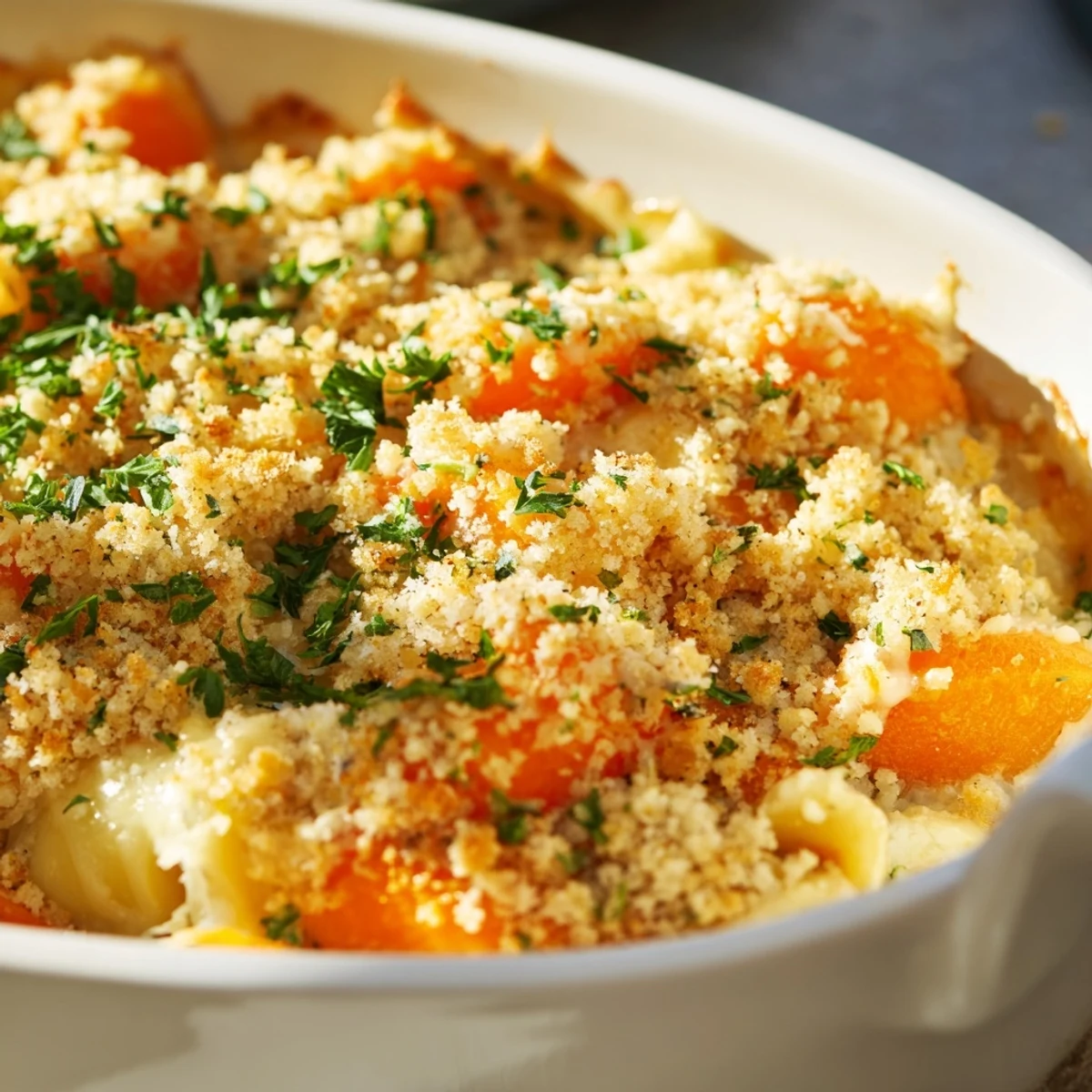 Oven-baked winter vegetable casserole featuring tender squash parsnips and carrots swimming in a velvety herbed cream sauce under golden melted cheese