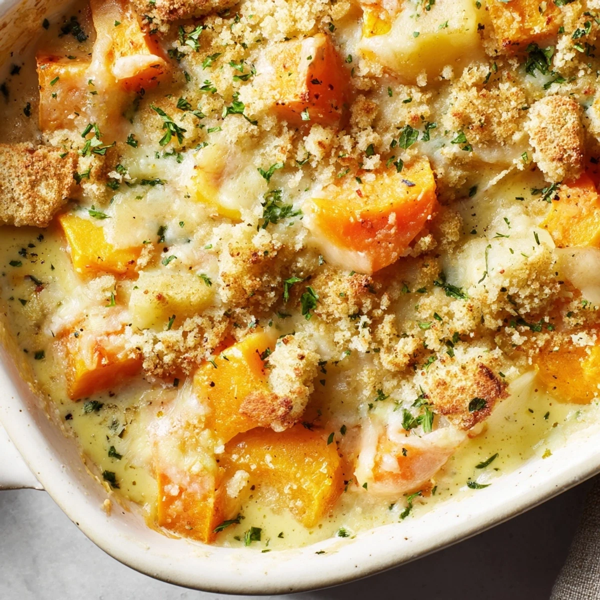 Comforting creamy winter vegetable casserole fresh from the oven with layers of root vegetables in a luscious white sauce and crunchy buttered crumbs