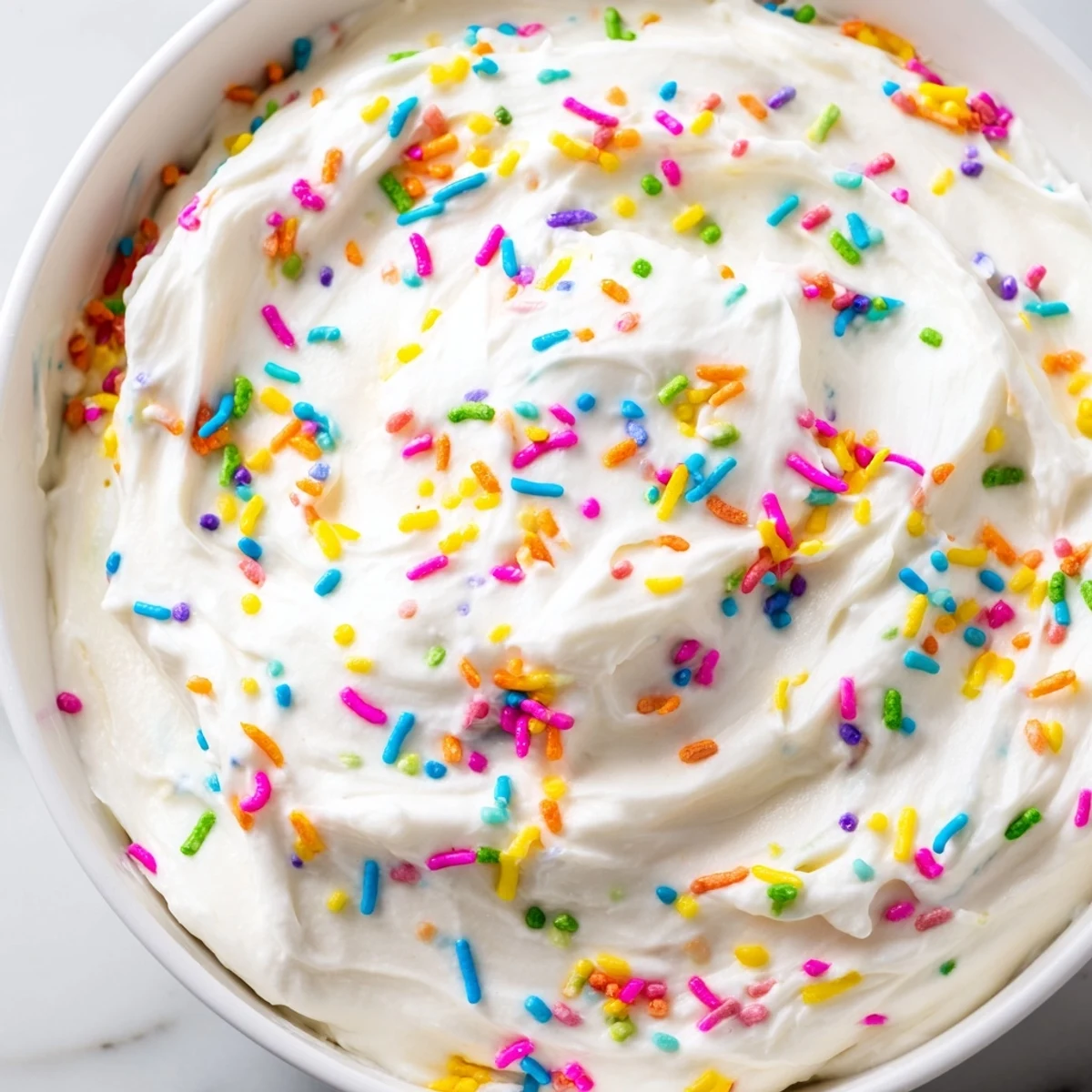 Creamy high protein Dunkaroo dip topped with colorful rainbow sprinkles in a serving bowl