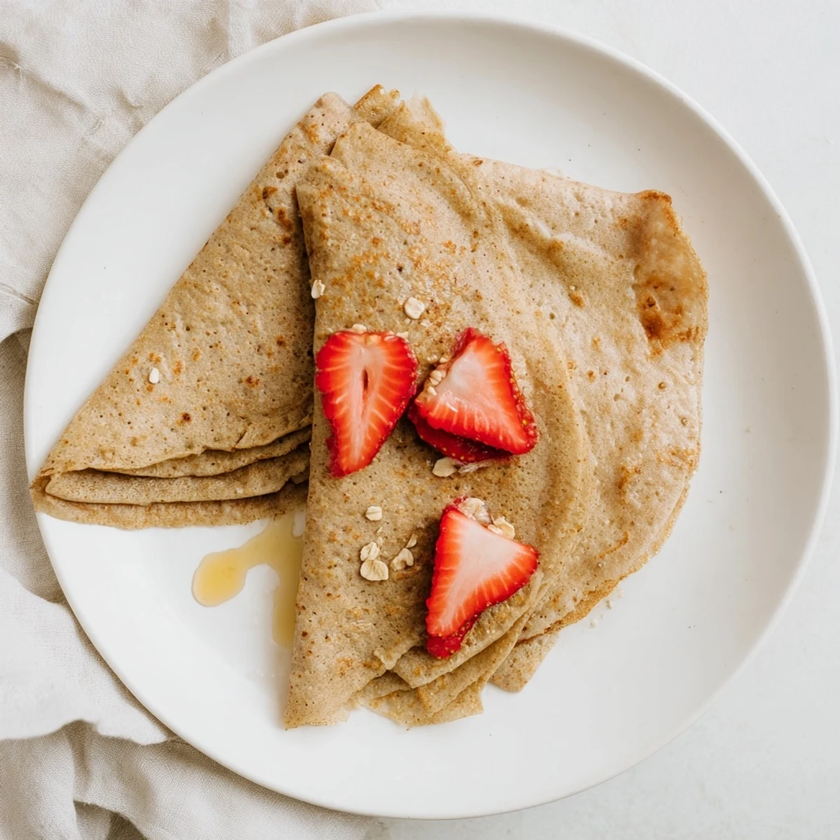 Golden healthy oatmeal crepes stacked high with fresh berries and drizzled honey