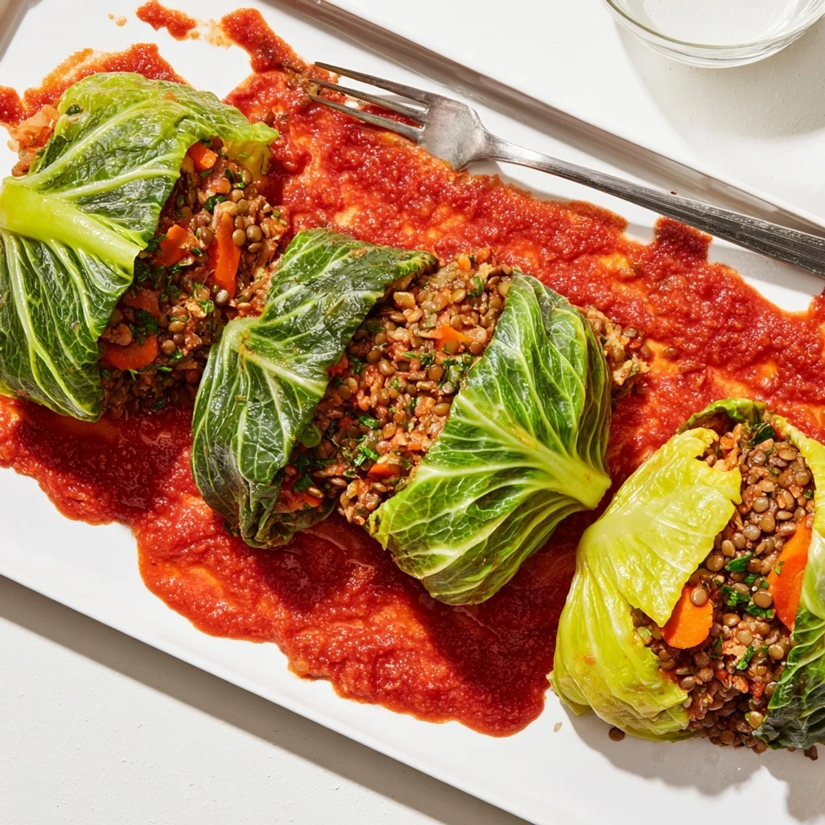Golden vegan cabbage rolls nestled in rich tomato sauce, bubbling from the oven