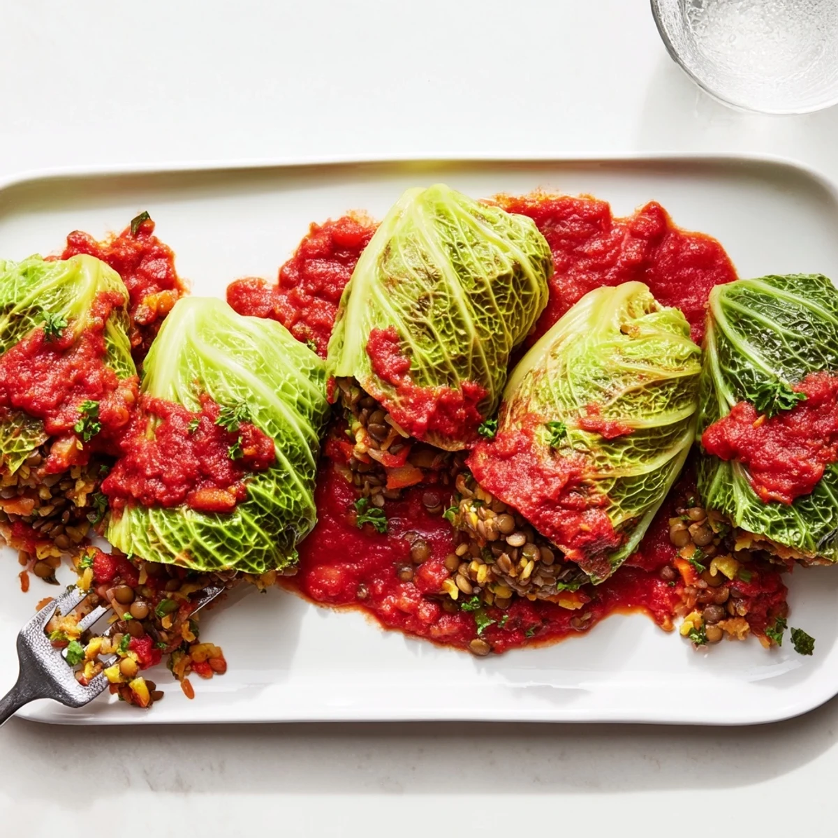 Hearty vegan cabbage rolls arranged in baking dish with savory crushed tomato topping