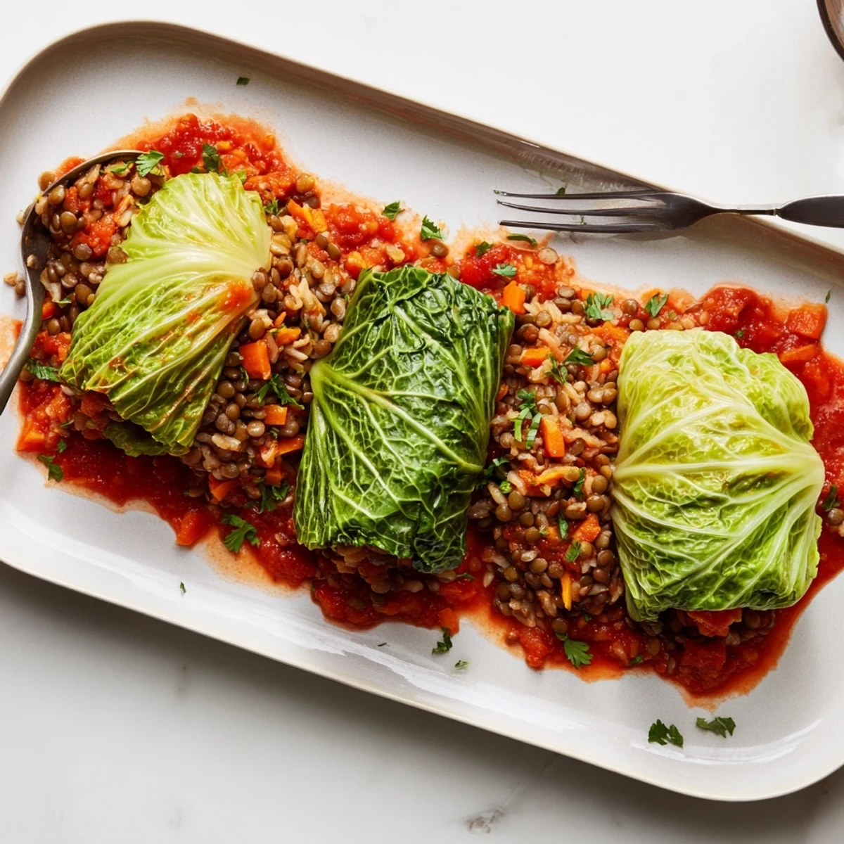 Tender green cabbage leaves stuffed with lentil rice filling, baked until perfectly tender