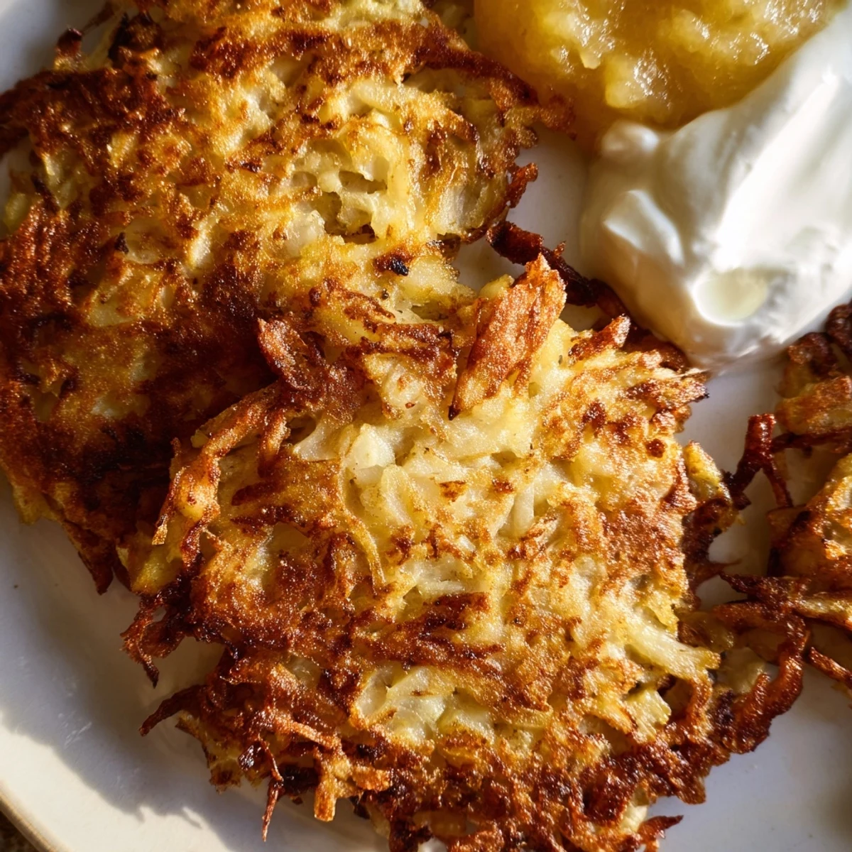 Golden brown German potato pancakes stacked on a white plate with dollop of creamy sour cream