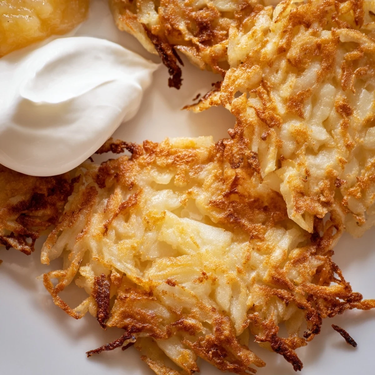 Homemade German potato pancakes sizzling in skillet showing golden crispy edges and tender interior