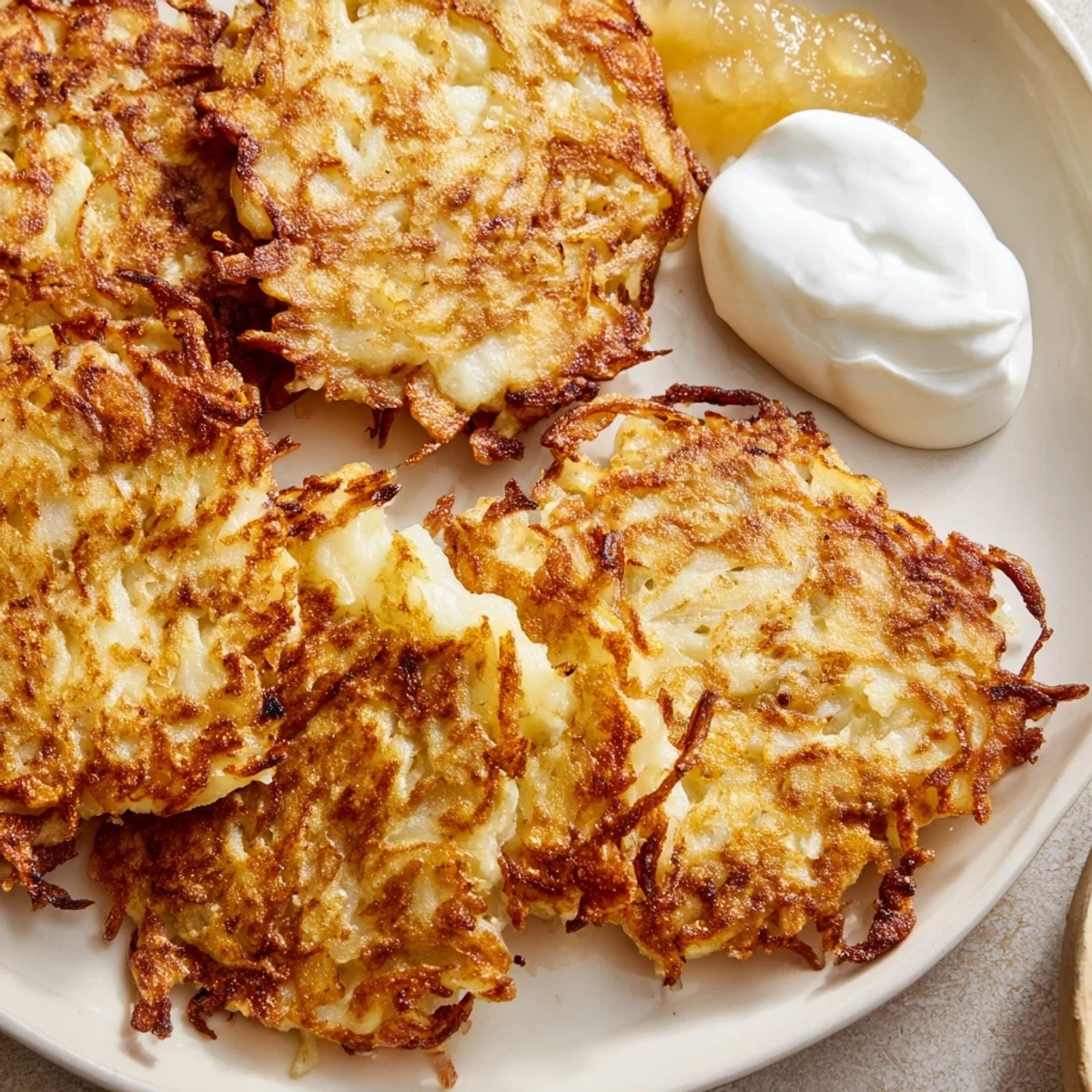 Crispy fried German potato pancakes drizzled with applesauce on rustic wooden cutting board
