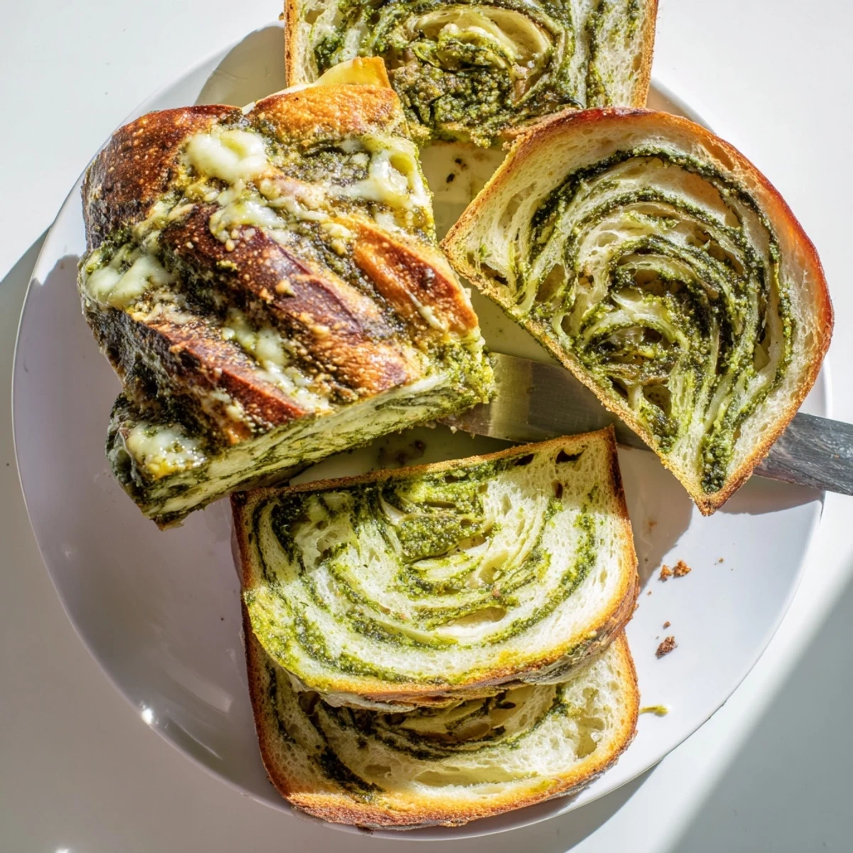 Golden crusty loaf swirled with vibrant green basil pesto and melted Parmesan cheese topping