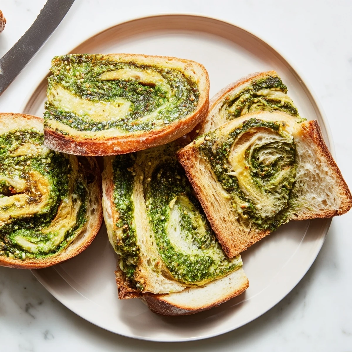 Freshly baked Italian-inspired sourdough with fragrant pesto ribbons and sprinkled Parmesan on rustic crust