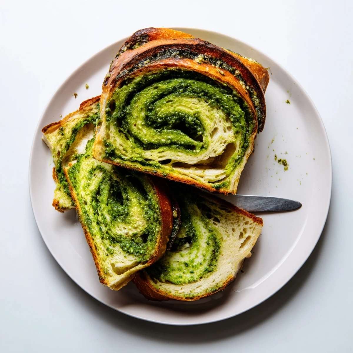 Sliced Pesto Parmesan sourdough bread revealing marbleized basil layers and crispy cheesy golden crust