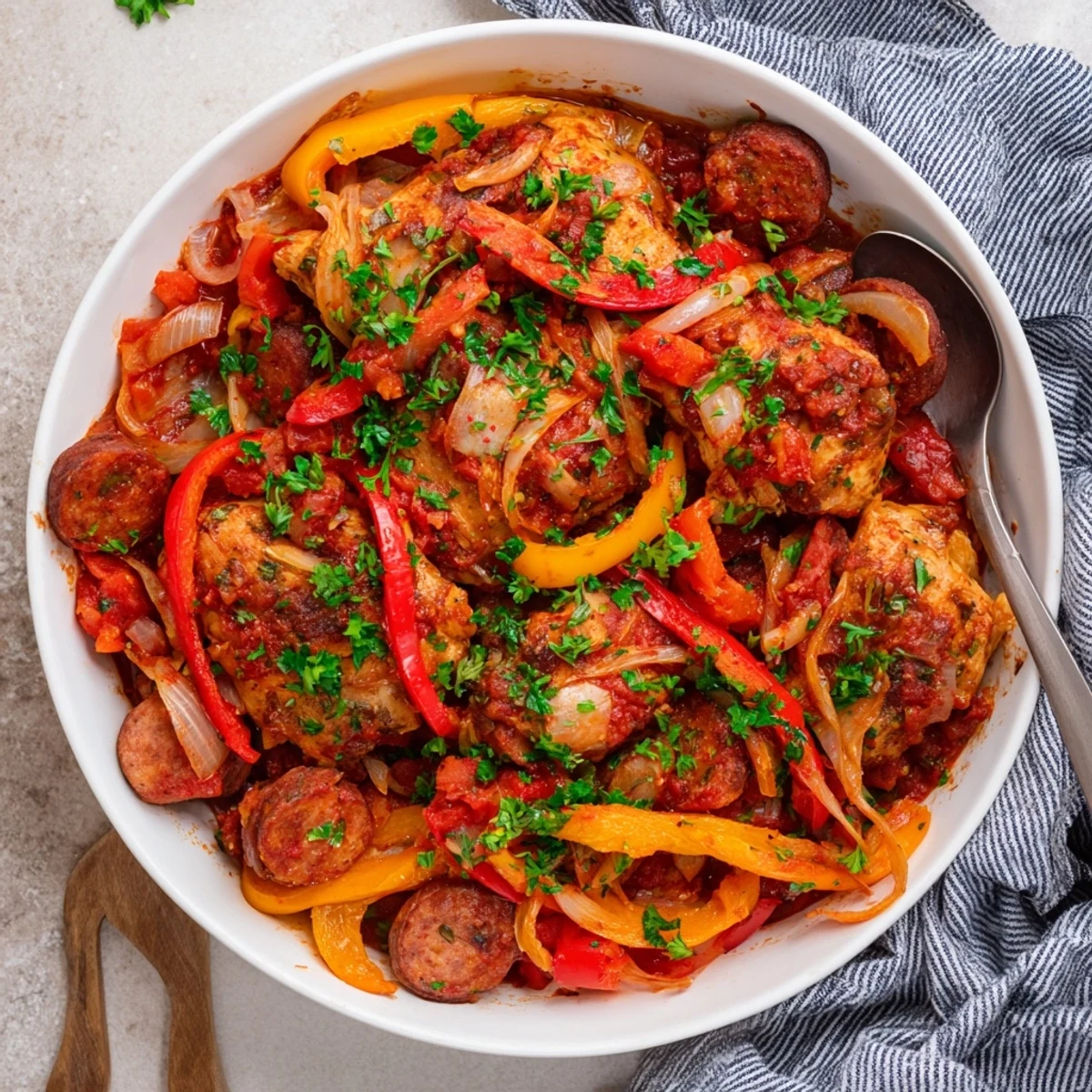 Golden chicken and chorizo simmered with colorful capsicum in rich tomato sauce