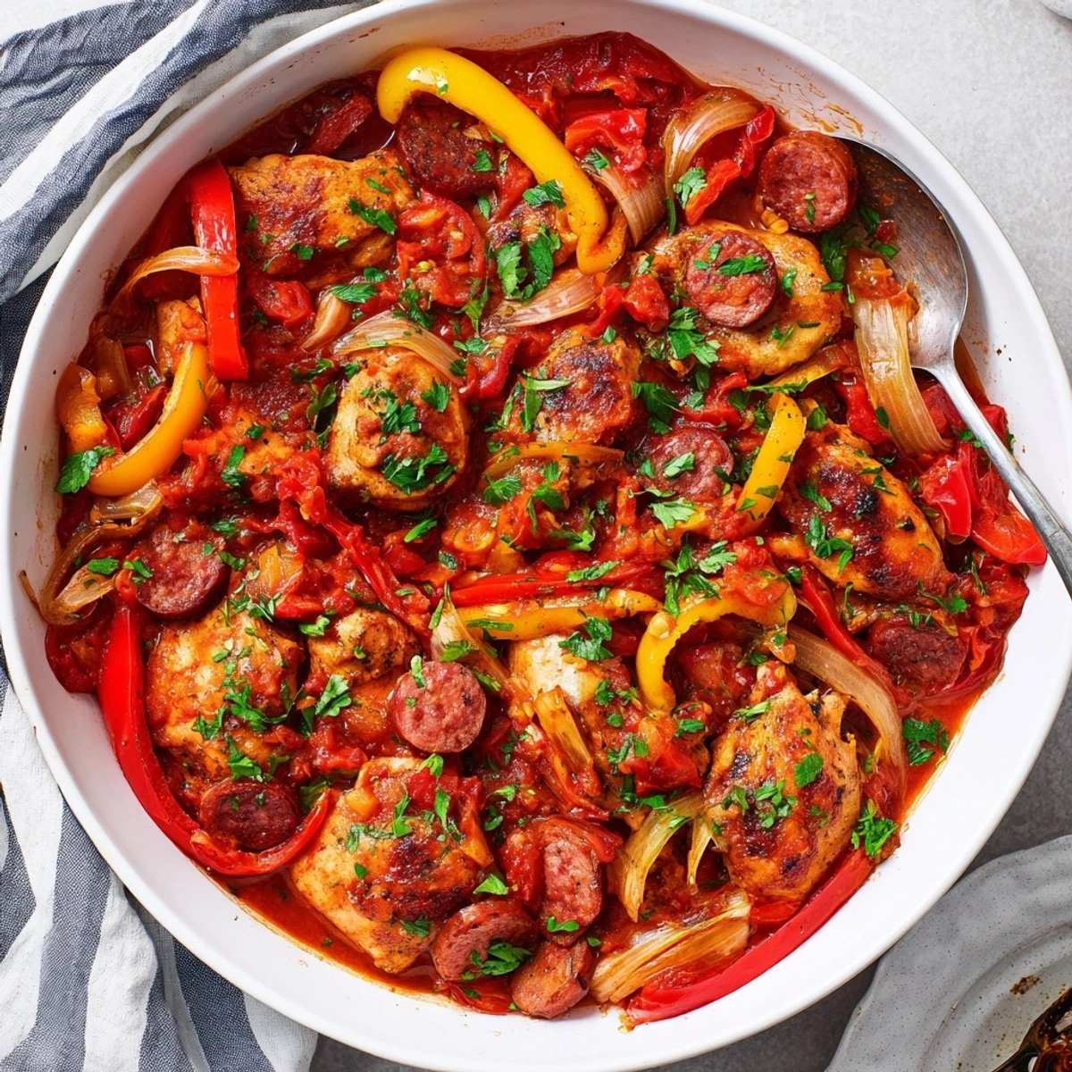 Mediterranean-style chicken and chorizo one-pot with tender capsicum slices in thick red tomato sauce