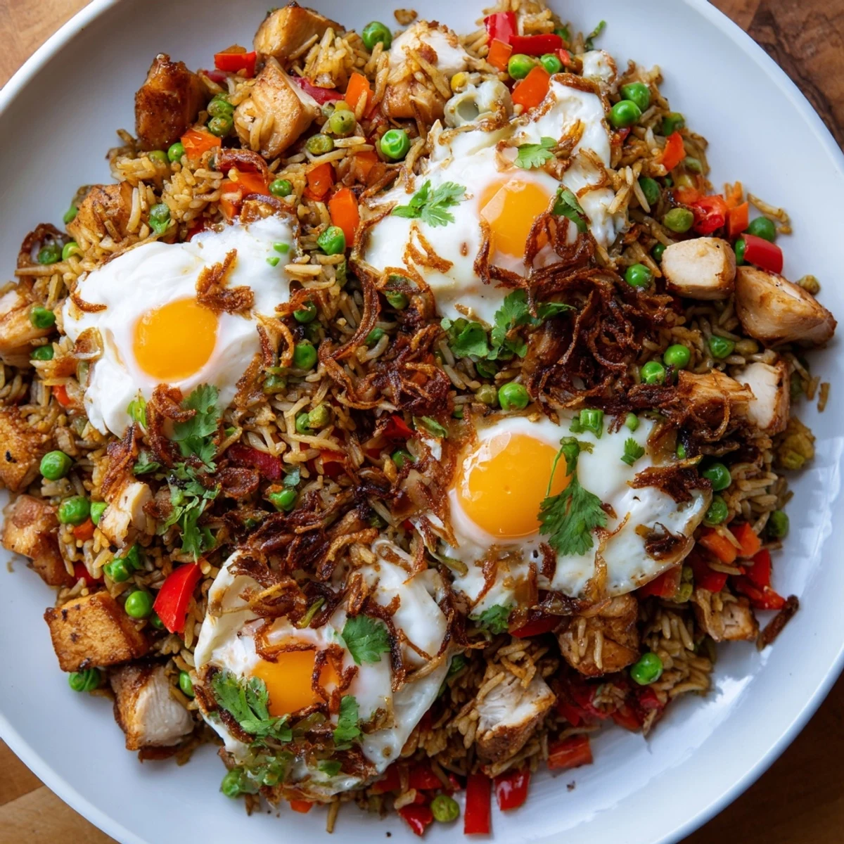Golden oven-baked Nasi Goreng Tray Bake with tender chicken, colorful vegetables, and perfectly set eggs in a rustic baking dish