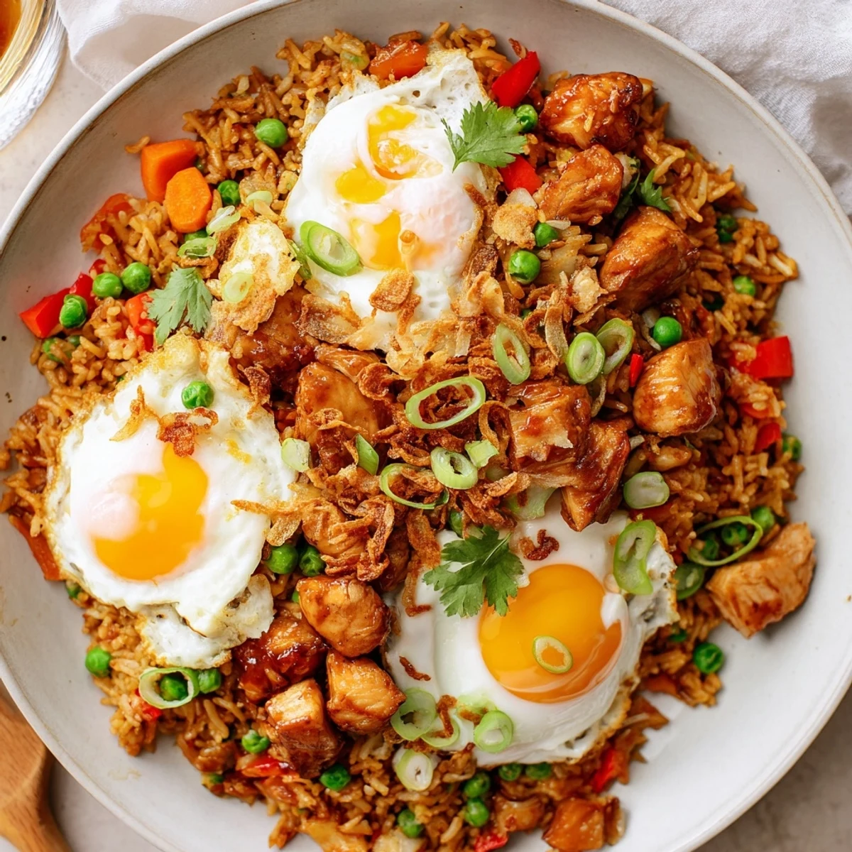 Sizzling Nasi Goreng Tray Bake fresh from the oven, topped with fried eggs, spring onions, and served with zesty lime wedges