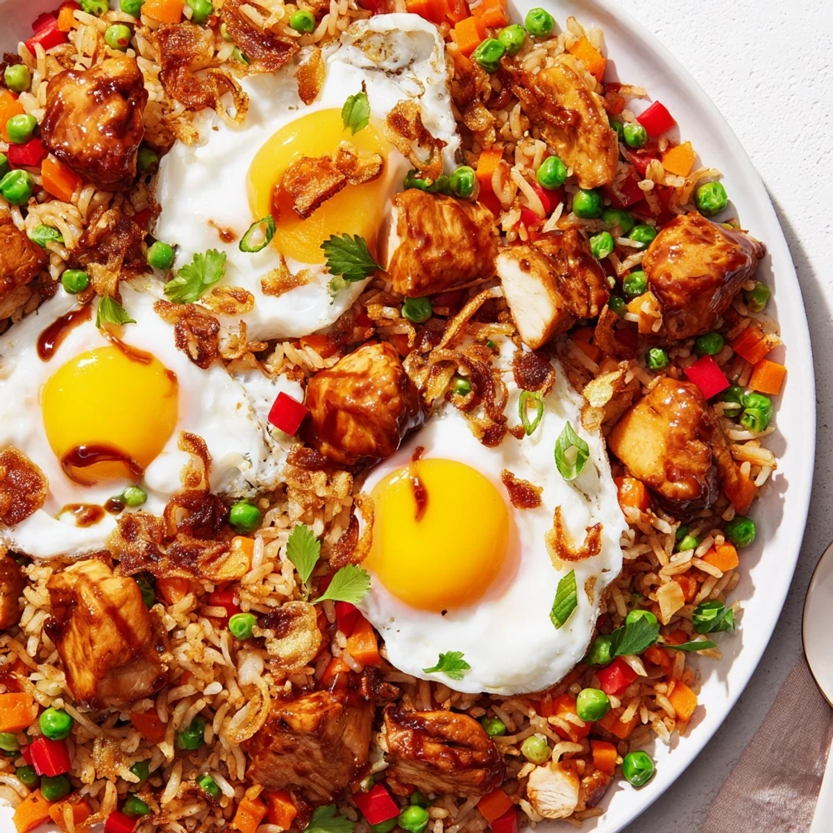 Vibrant Indonesian Nasi Goreng Tray Bake featuring fluffy rice, succulent chicken pieces, and garnishes of crispy fried shallots and fresh cilantro