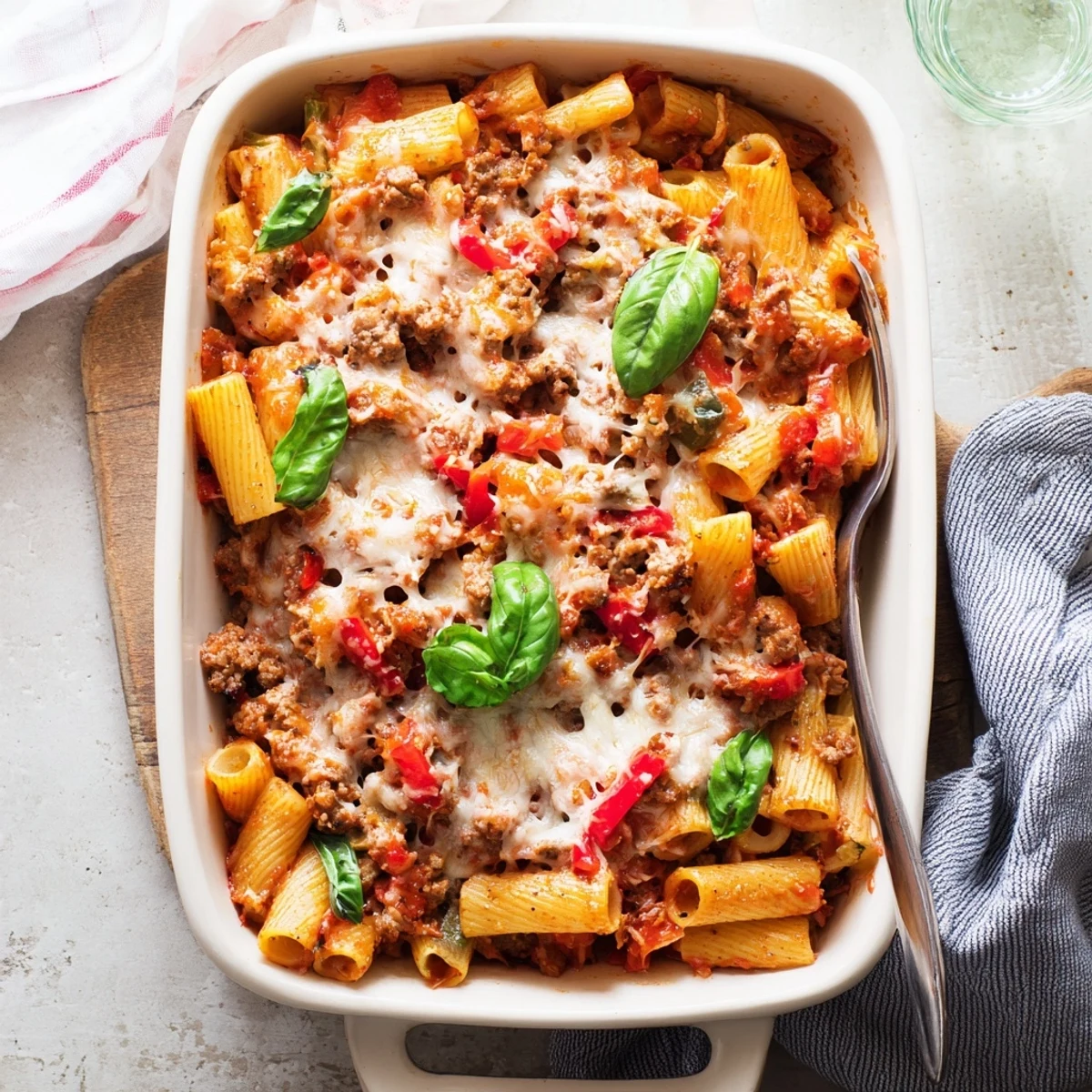 Golden bubbly quick sausage pasta bake fresh from the oven with melted mozzarella