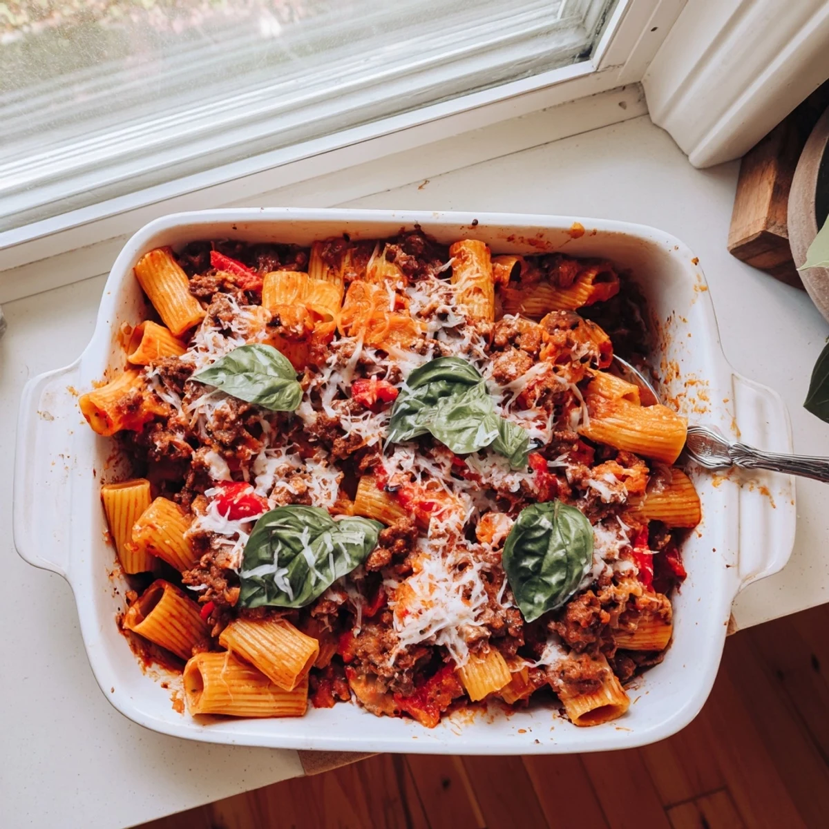 Hearty quick sausage pasta bake featuring penne tossed in rich tomato sausage sauce