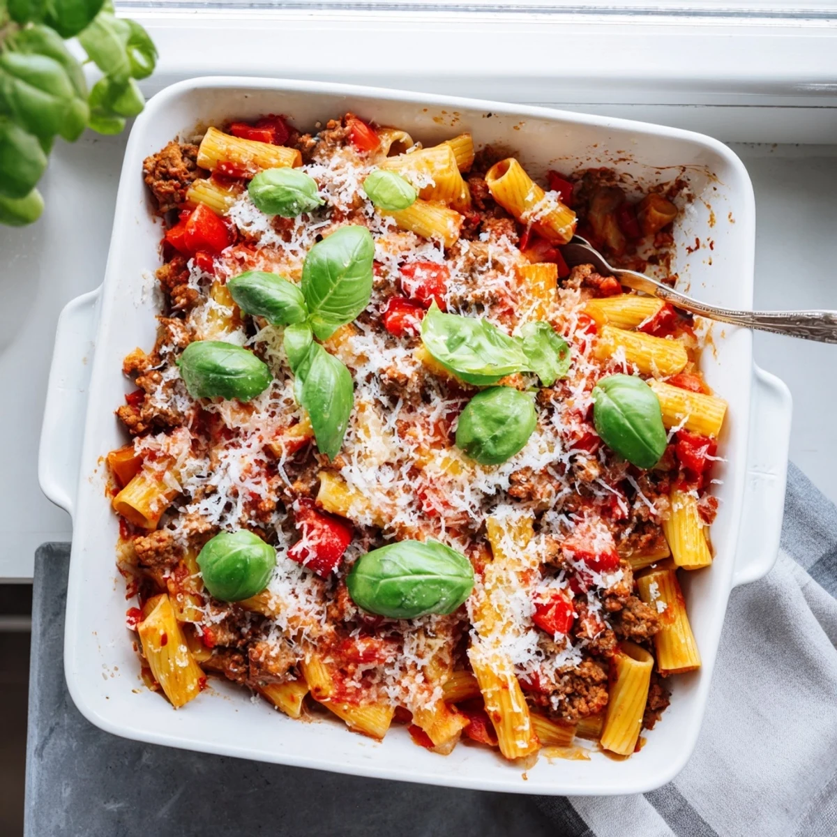 Comforting quick sausage pasta bake topped with golden Parmesan and fresh basil garnish