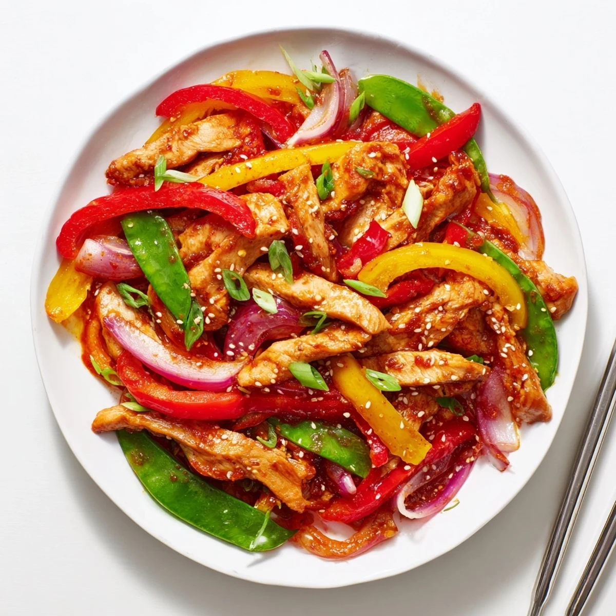 Sizzling wok full of Quick Sweet Chilli Chicken Stir Fry garnished with fresh spring onions and sesame seeds