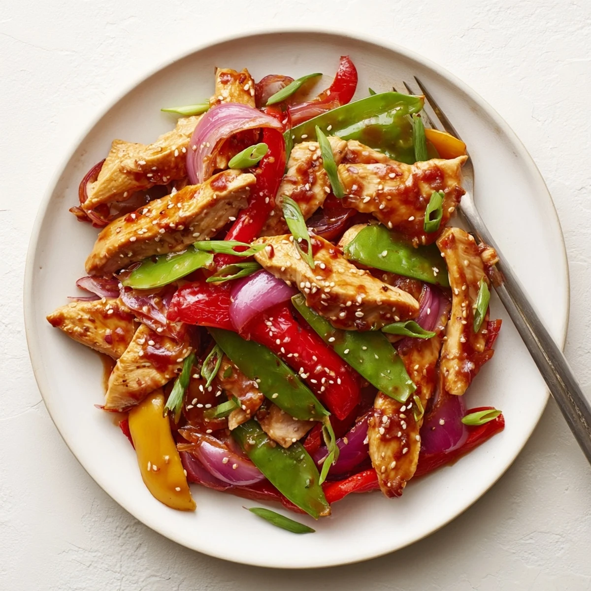 Golden chicken pieces stir-fried with colorful bell peppers and snap peas in glossy sweet chili sauce