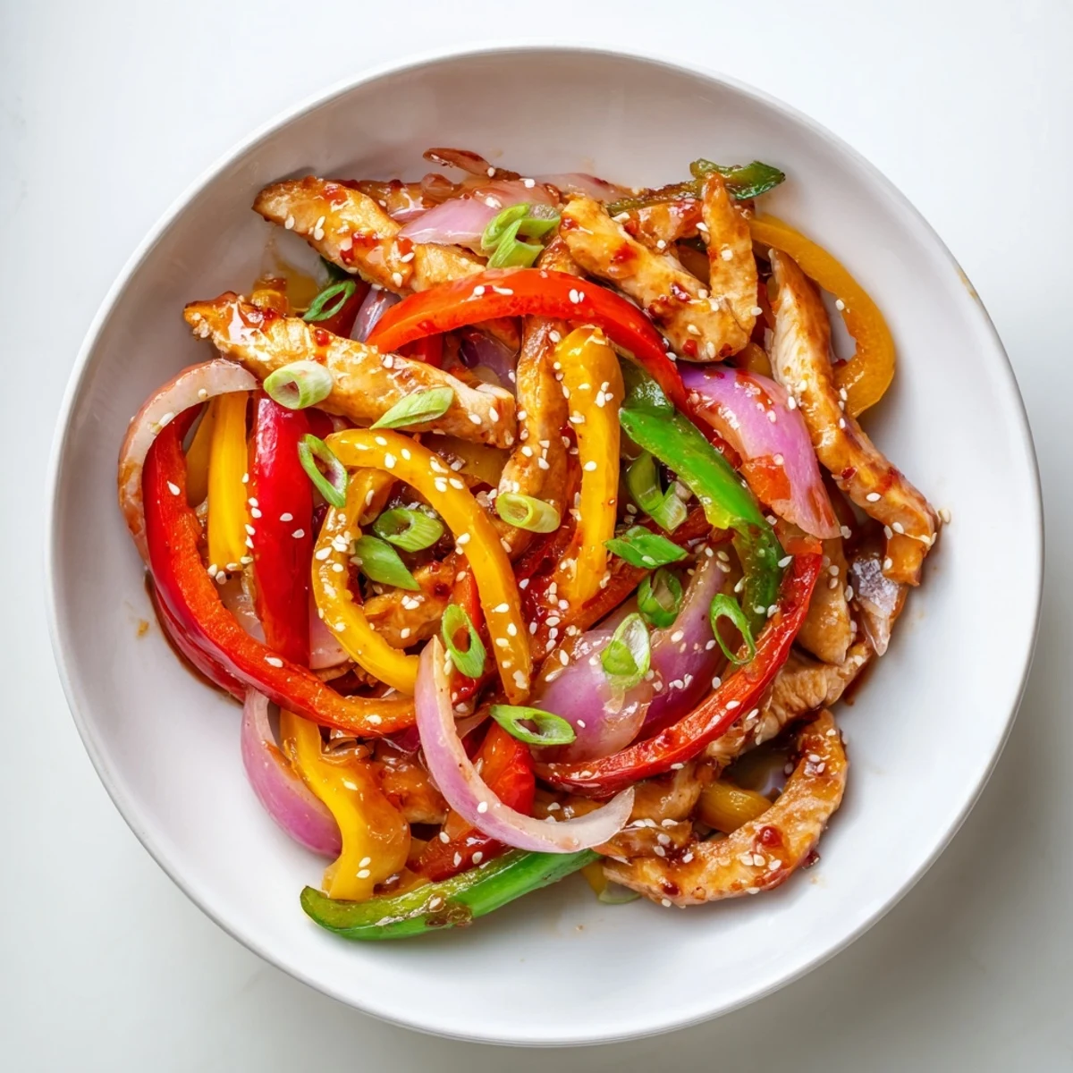 Vibrant weeknight dinner featuring tender chicken and crisp vegetables coated in tangy-sweet chili glaze
