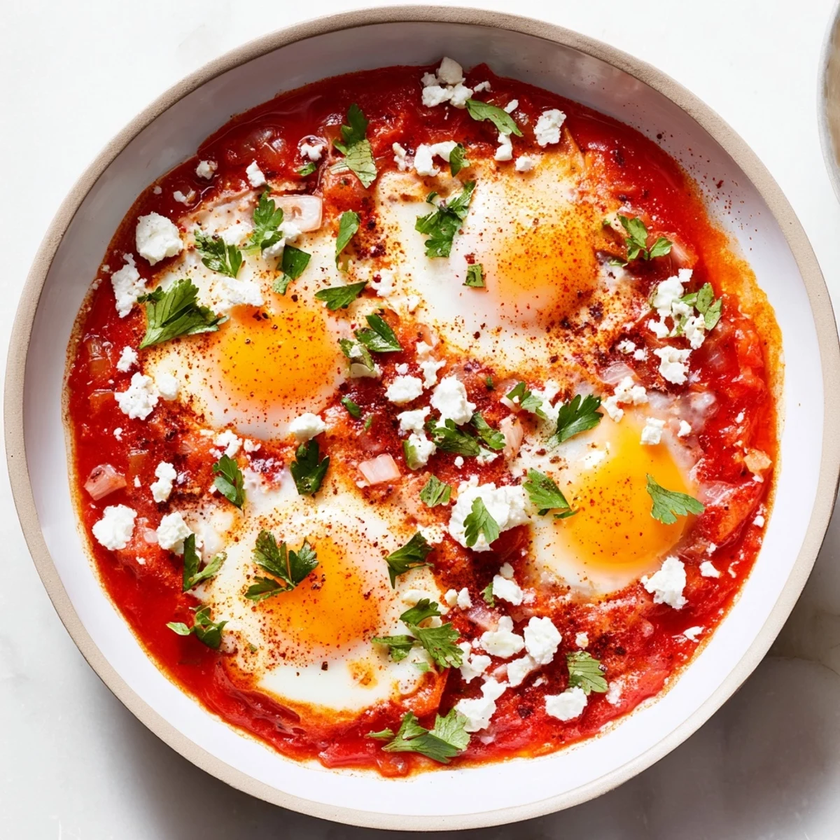 Vibrant skillet of shakshuka with set whites and creamy yolks in red sauce
