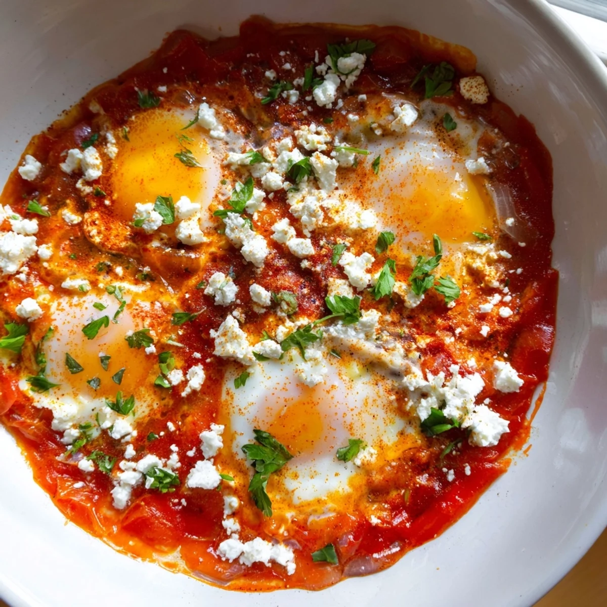 Golden runny eggs poached in spicy tomato pepper sauce with fresh parsley garnish