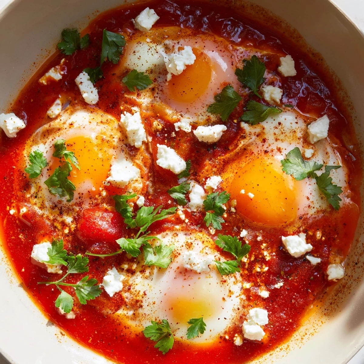 Middle Eastern breakfast dish featuring four eggs nestled in thick cumin spiced tomatoes