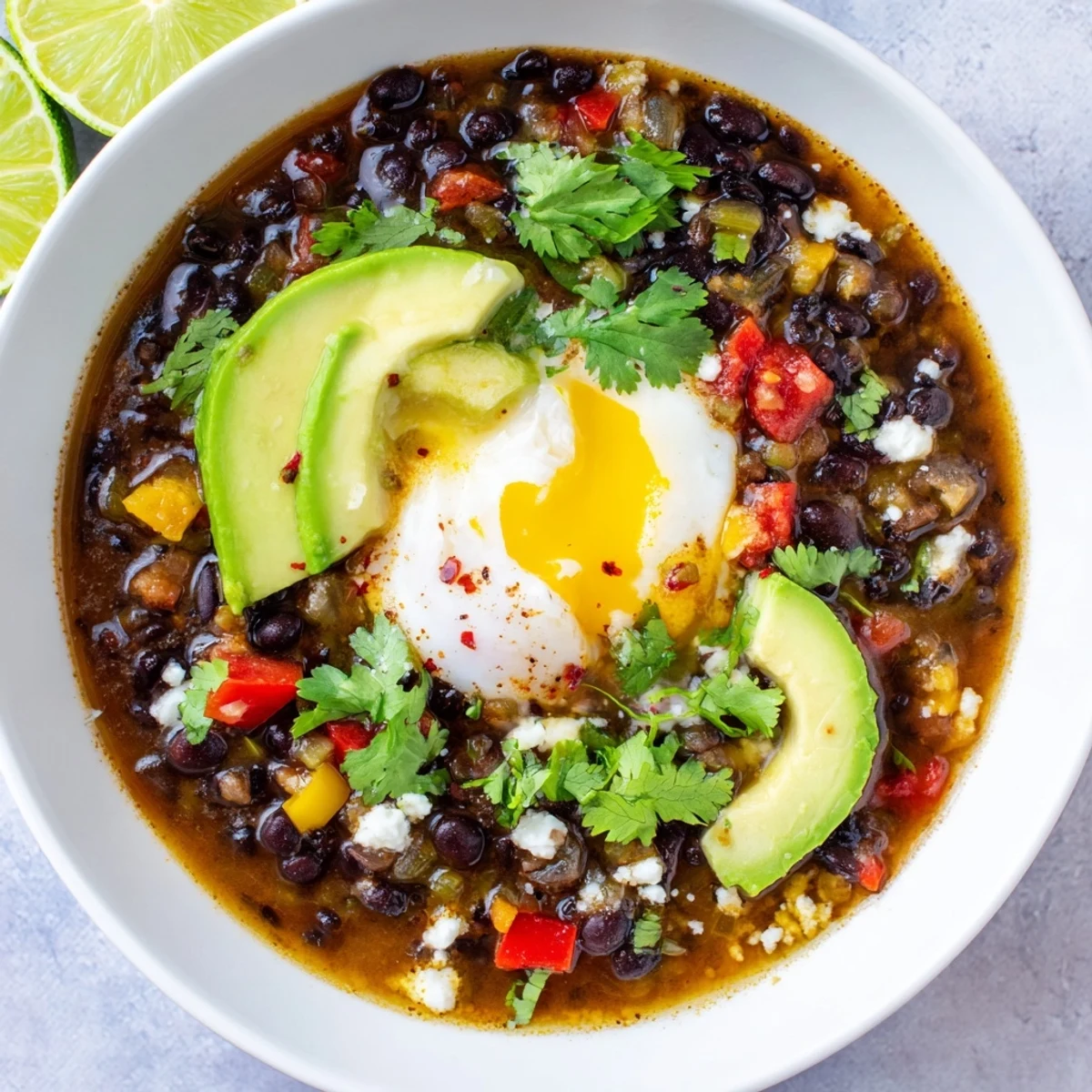 Bowl of smoky black beans braised with Mexican spices topped with jammy egg queso fresco and bright cilantro