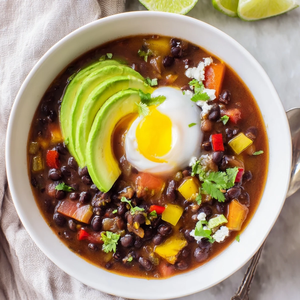 Golden soft-boiled egg rests atop spiced Mexican braised beans garnished with fresh cilantro and creamy avocado slices