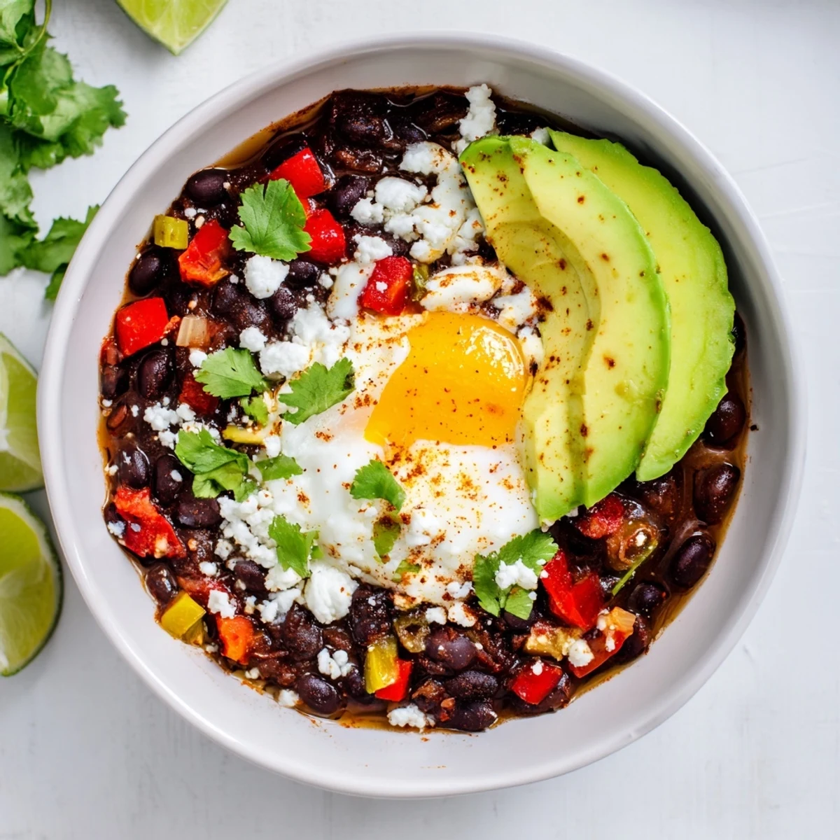 Comforting Mexican braised beans featuring tender black beans in savory tomato broth crowned with soft-cooked egg and lime