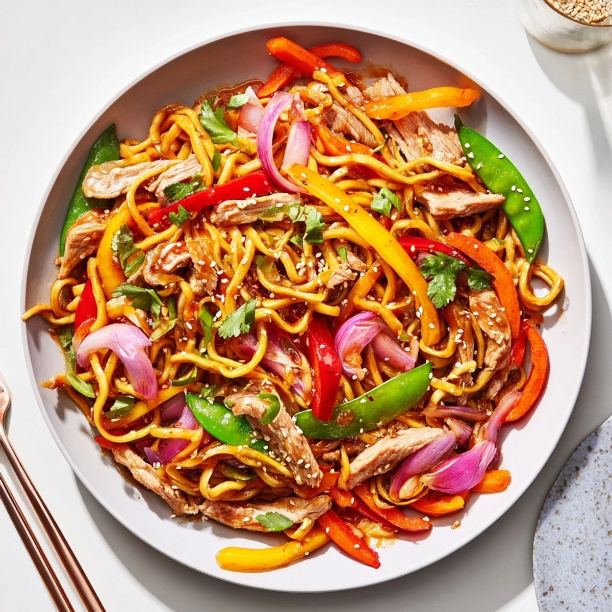 Steamy bowl of sweet chili turkey noodle stir fry garnished with sesame seeds and fresh herbs