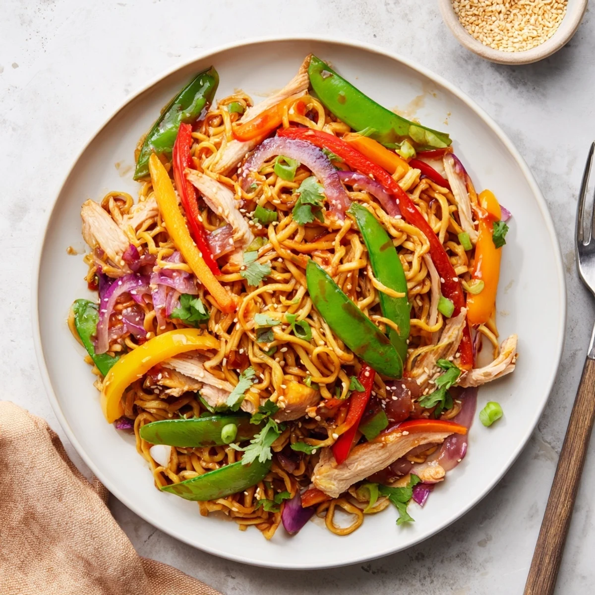 Vibrant sweet chili turkey noodle stir fry featuring colorful vegetables tossed in glossy red sauce