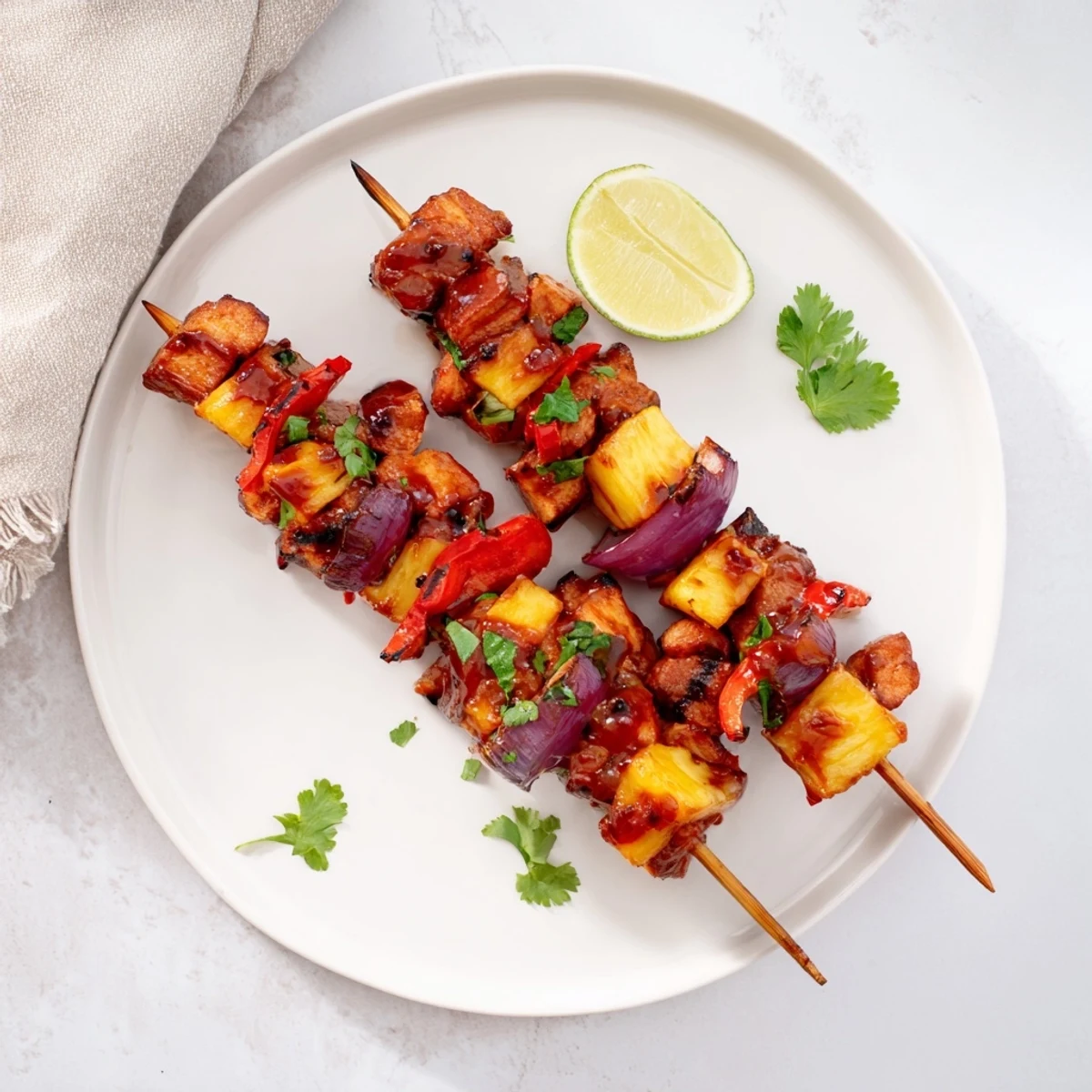 Golden grilled chicken and pineapple BBQ skewers with charred vegetables on a wooden board