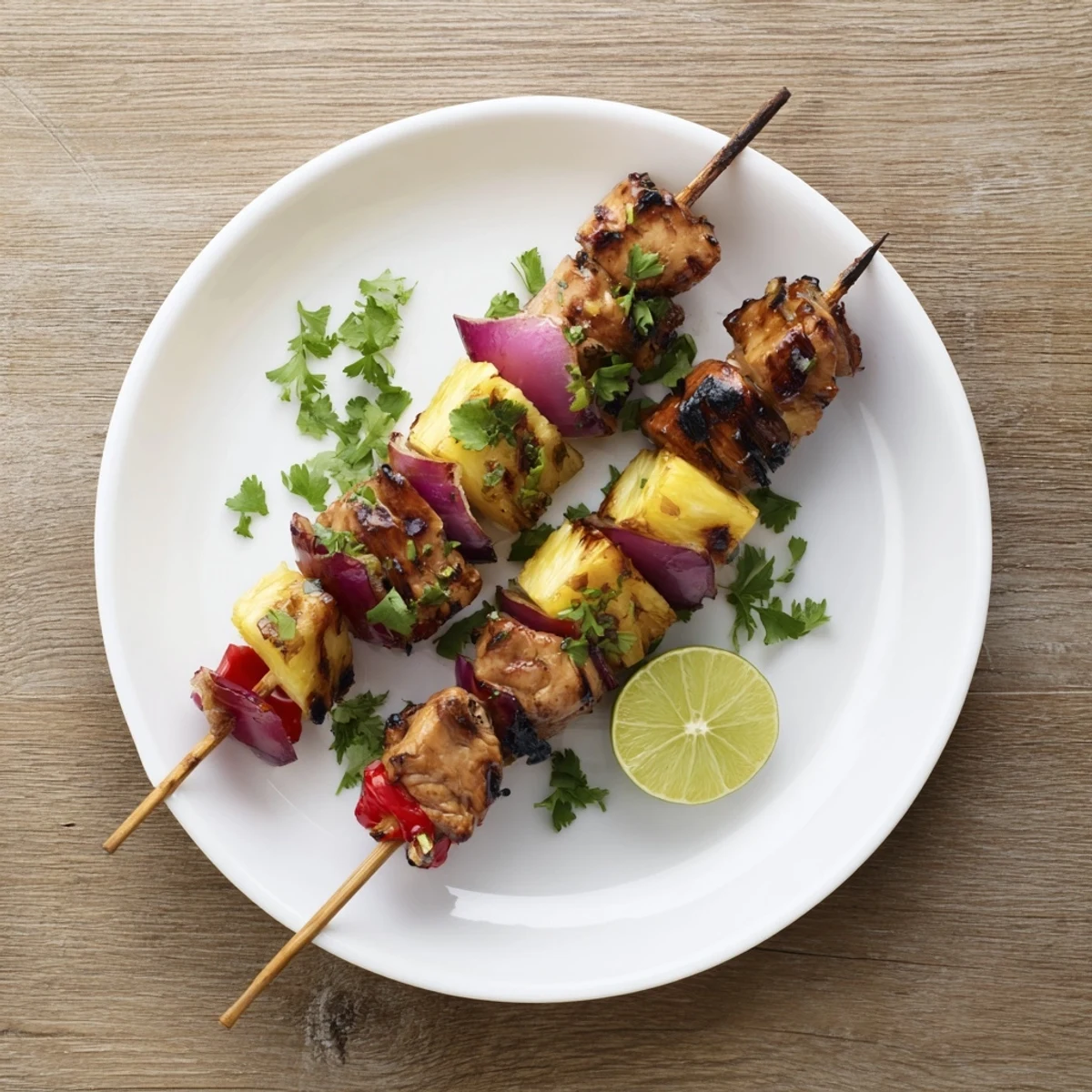 Plate of chicken and pineapple BBQ skewers garnished with fresh cilantro and lime wedges