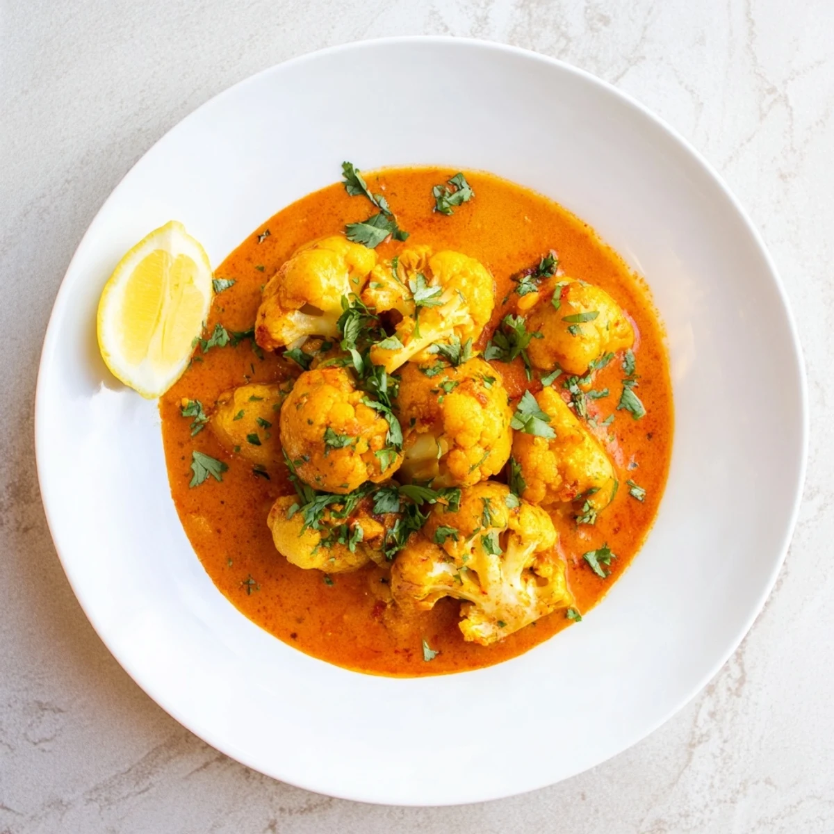 Golden tender potatoes and cauliflower florets swim in rich buttery tomato sauce with aromatic Indian spices