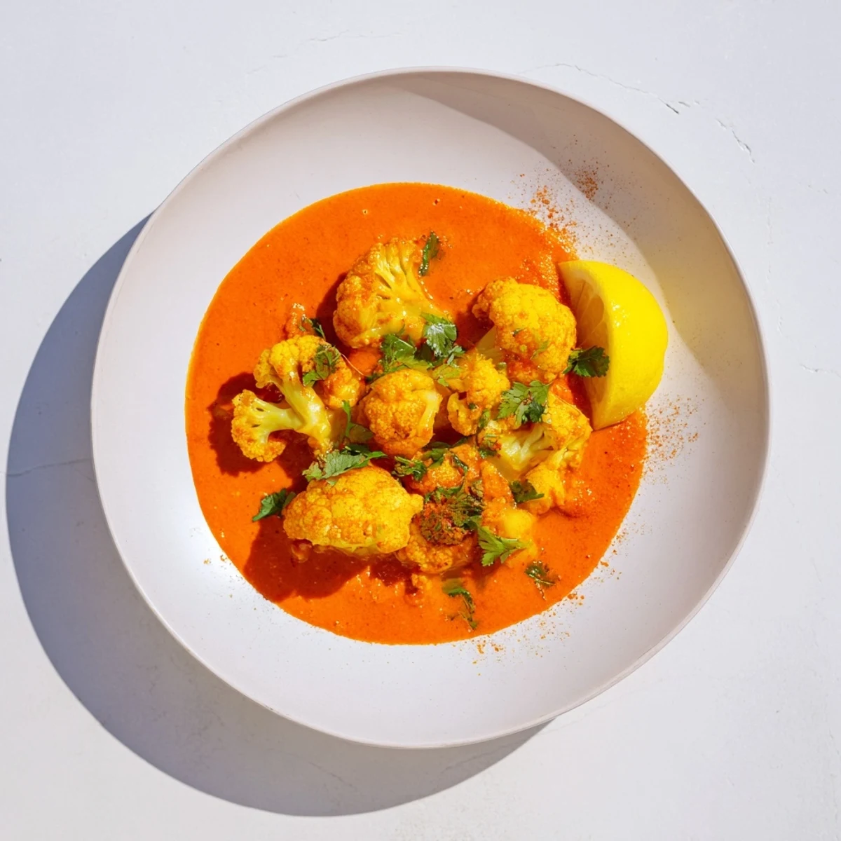 Creamy Indian butter spiced potatoes and cauliflower served in a bowl garnished with fresh green cilantro