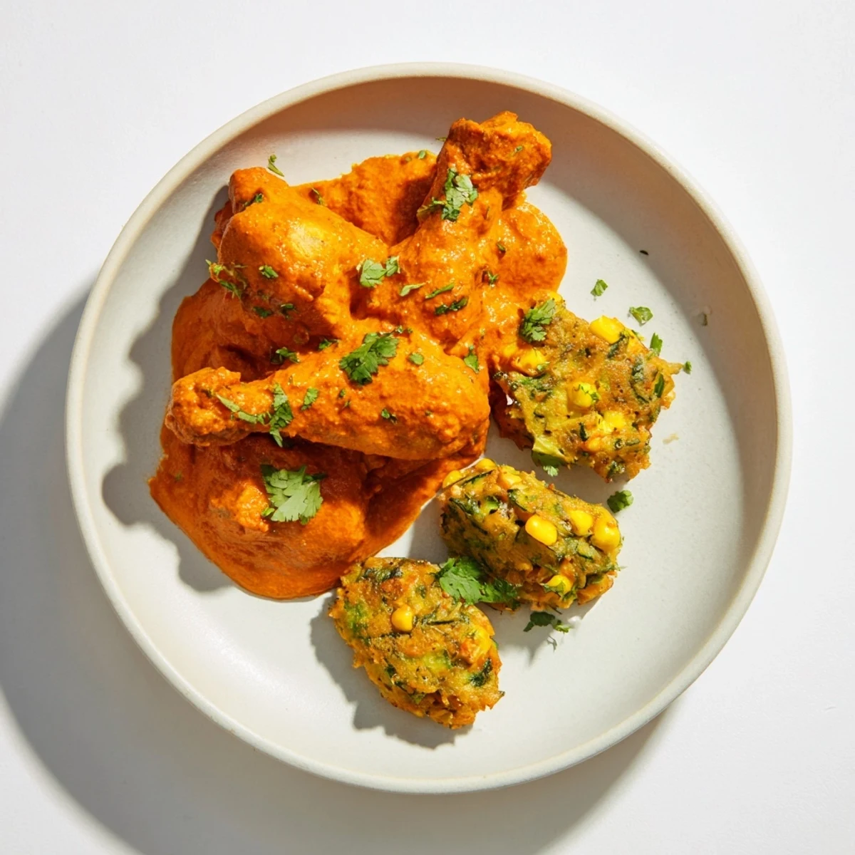 Golden vegetable fritters arranged beside creamy butter chicken in a rich tomato sauce garnished with fresh cilantro