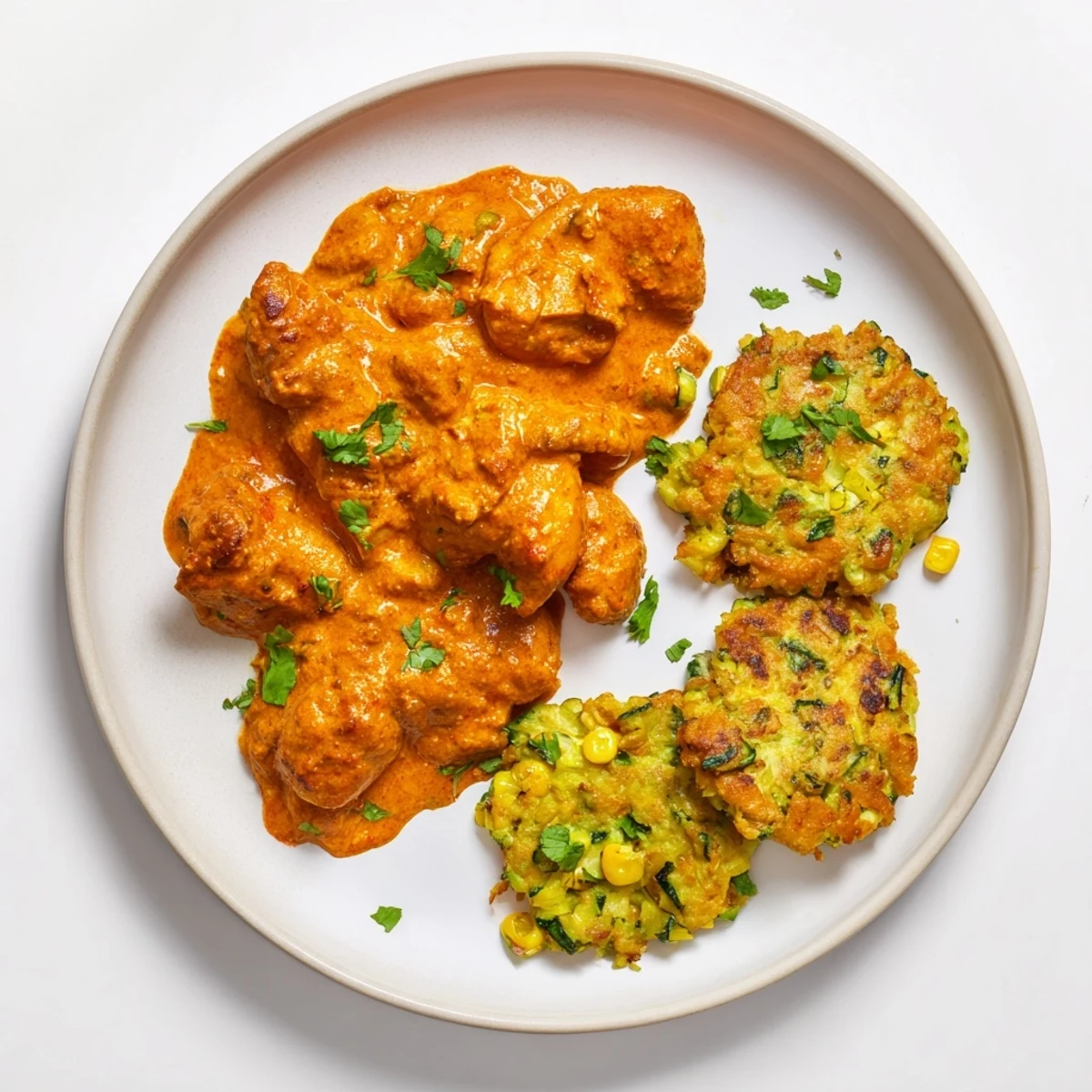 Crispy pan-fried vegetable fritters served alongside tender spiced butter chicken in a creamy aromatic sauce