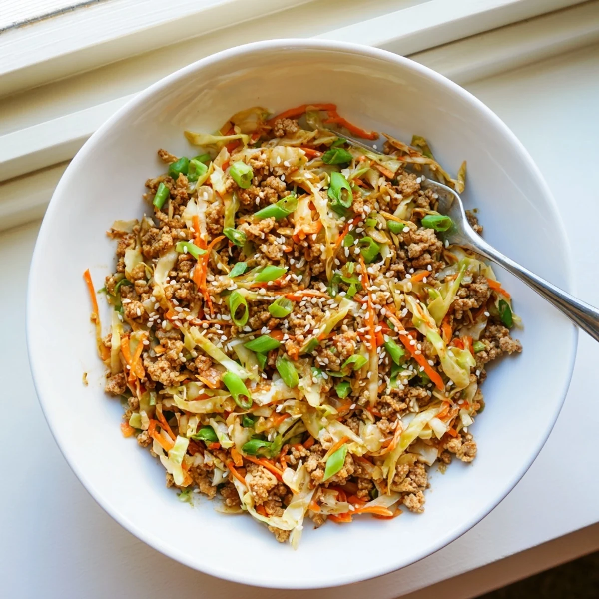 Savory egg roll in a bowl featuring seasoned ground pork and crisp cabbage in a skillet