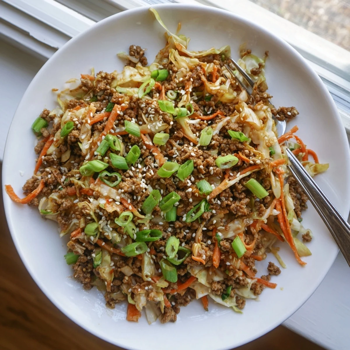 Golden browned pork with colorful shredded vegetables in this easy egg roll in a bowl dish