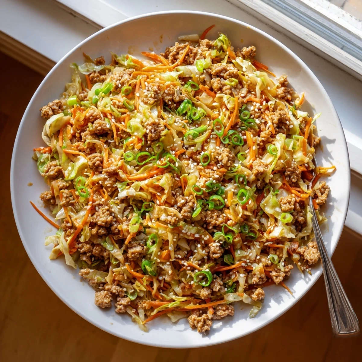 Heaping plate of egg roll in a bowl topped with green onions and sesame seeds
