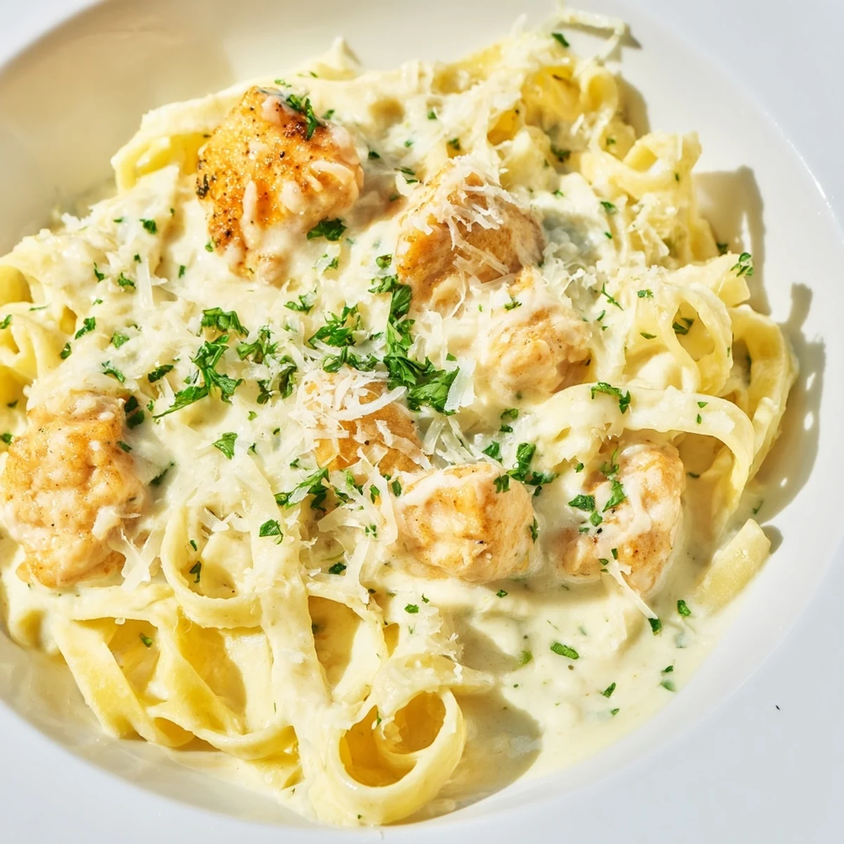 Golden chicken pieces tossed in silky garlic Parmesan sauce over al dente fettuccine pasta